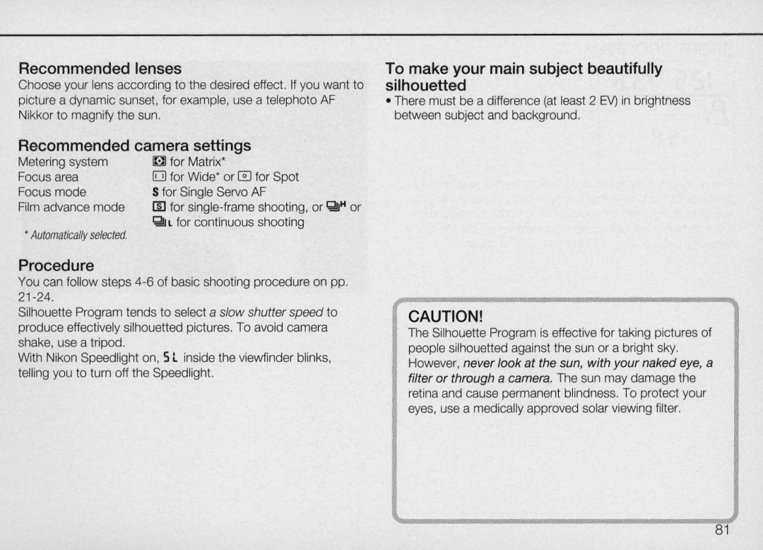 Nikon N90 instruction manual Recommended lenses, To make your main subject beautifully silhouetted 