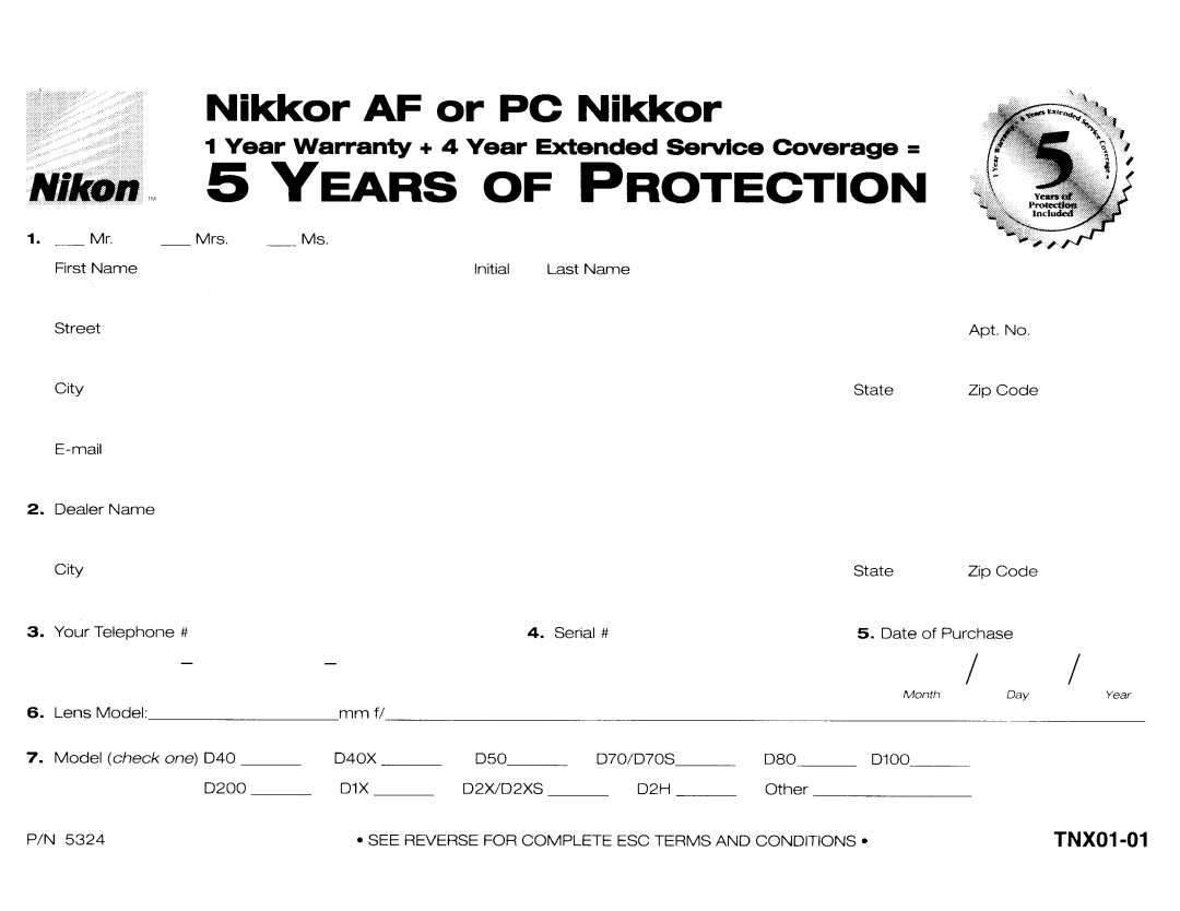 Nikon NIK2180 user manual Years of Protection 