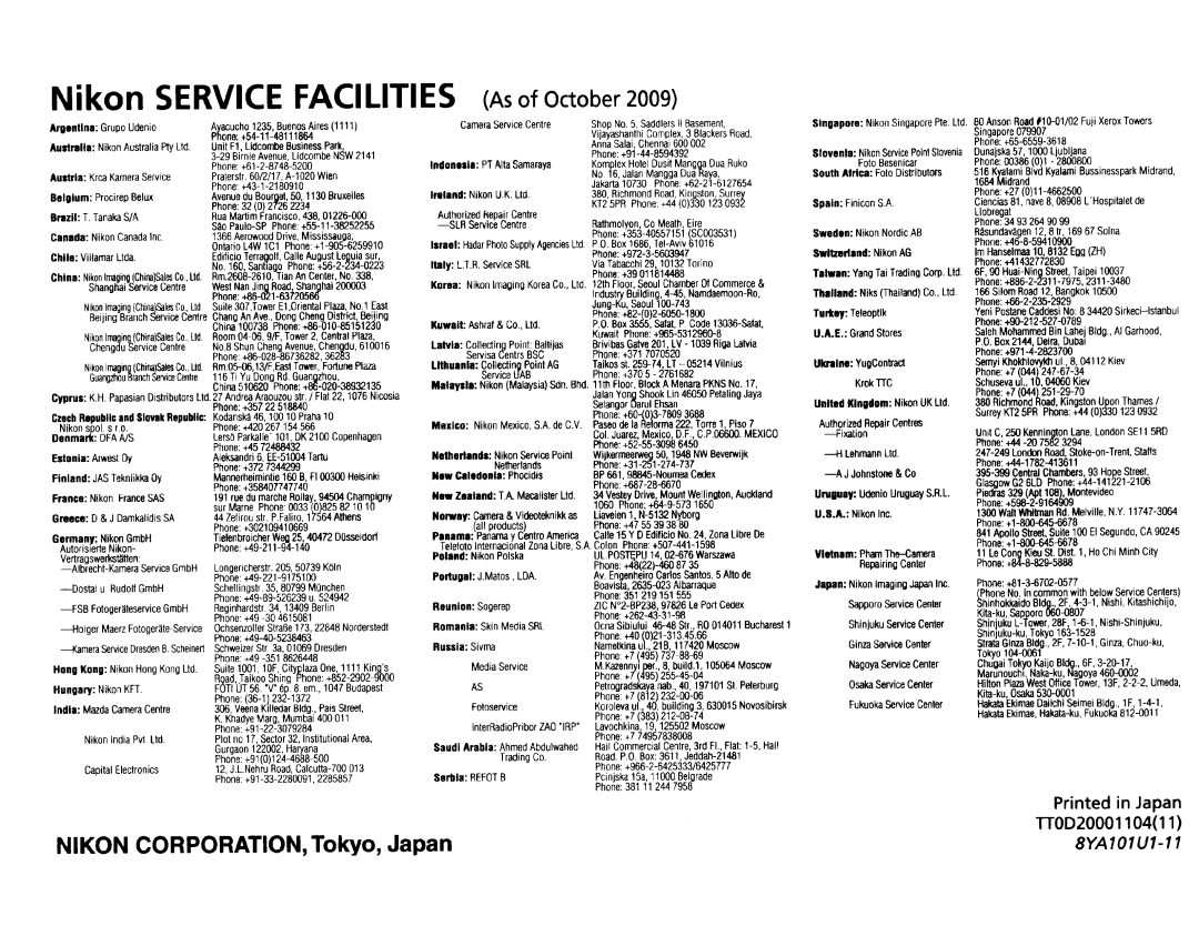 Nikon NIK2180 user manual Nikon Service Facilities As of October 