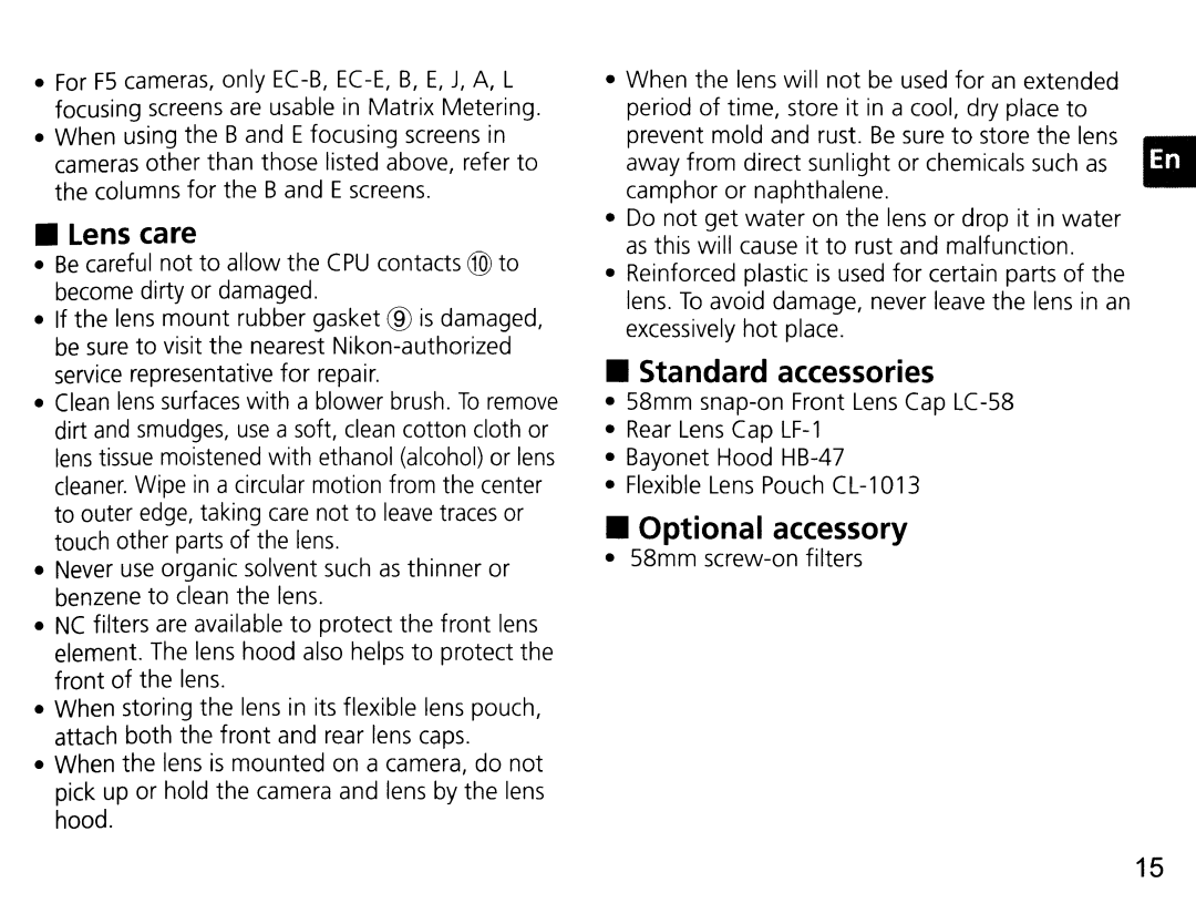 Nikon NIK2180 user manual Optional accessory, Lens care 