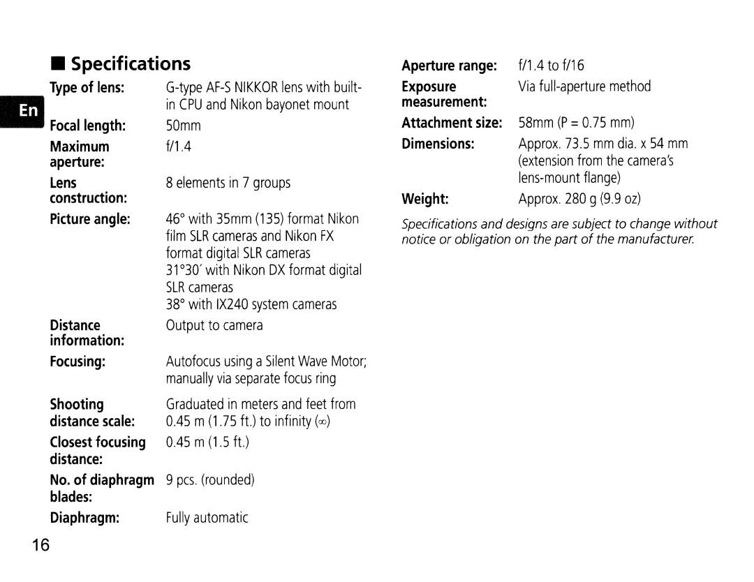 Nikon NIK2180 user manual Specifications 