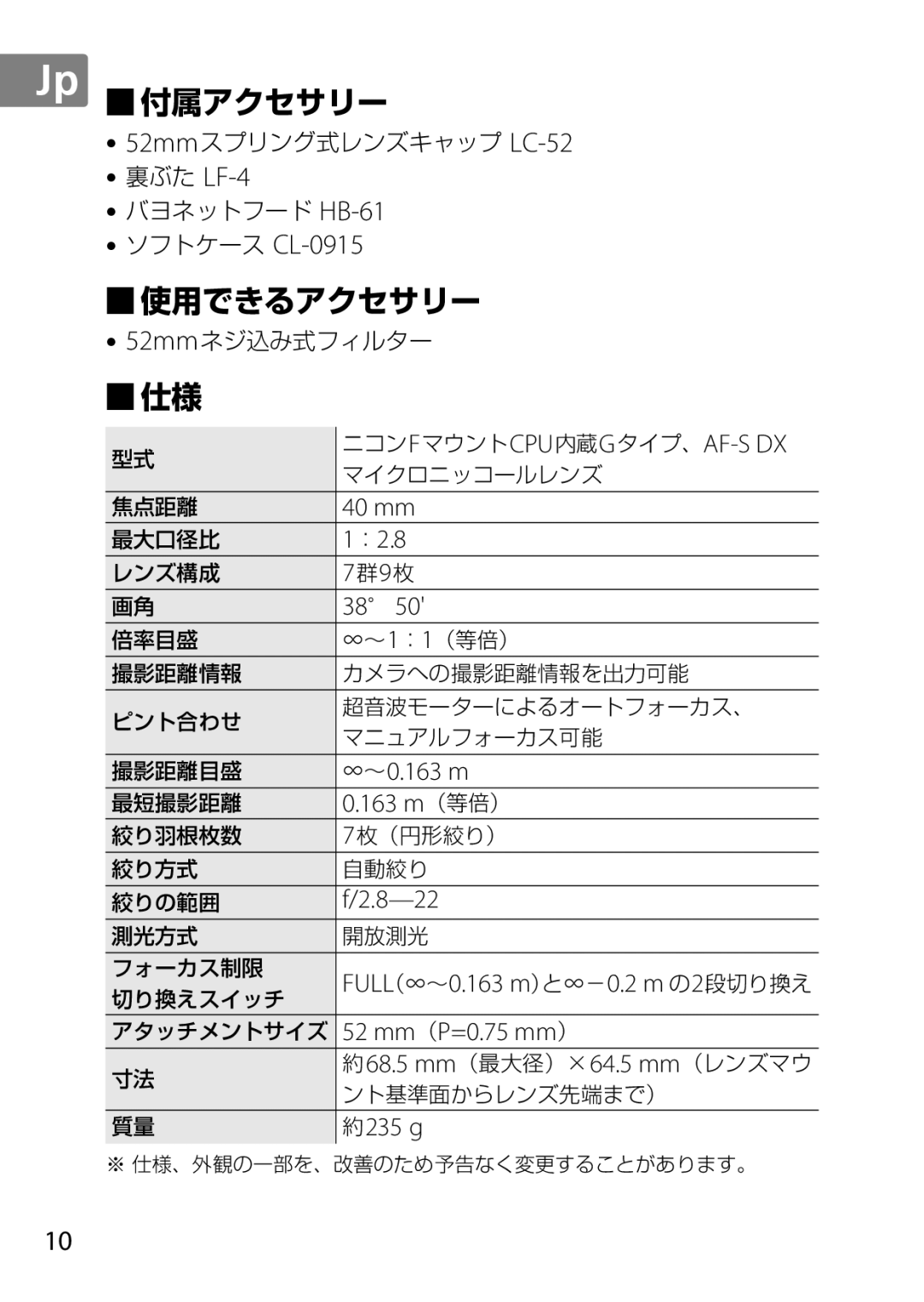 Nikon 2200 40 mm, ：2.8, 群9 枚, ∞ ～ 0.163 m, 163 m （等倍）, 8-22, 52 mm （P=0.75 mm ）, 68.5 mm （最大径） × 64.5 mm （レンズマウ, 約235 g 