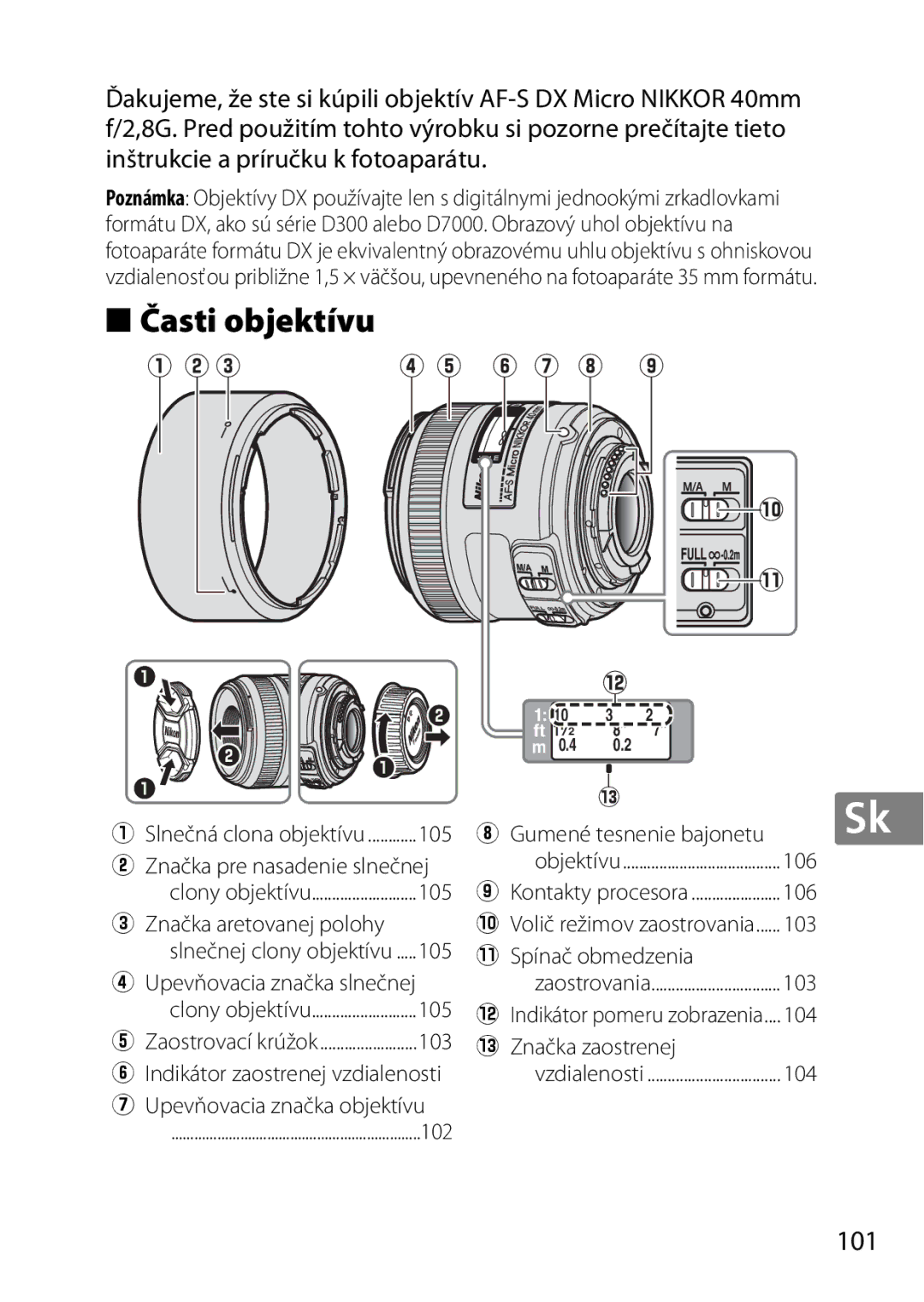 Nikon NIKKOR AF-S DX MICRO NIKKOR 40MM F/2.8G, 7MAA800-02, 2200 user manual Časti objektívu, 101 