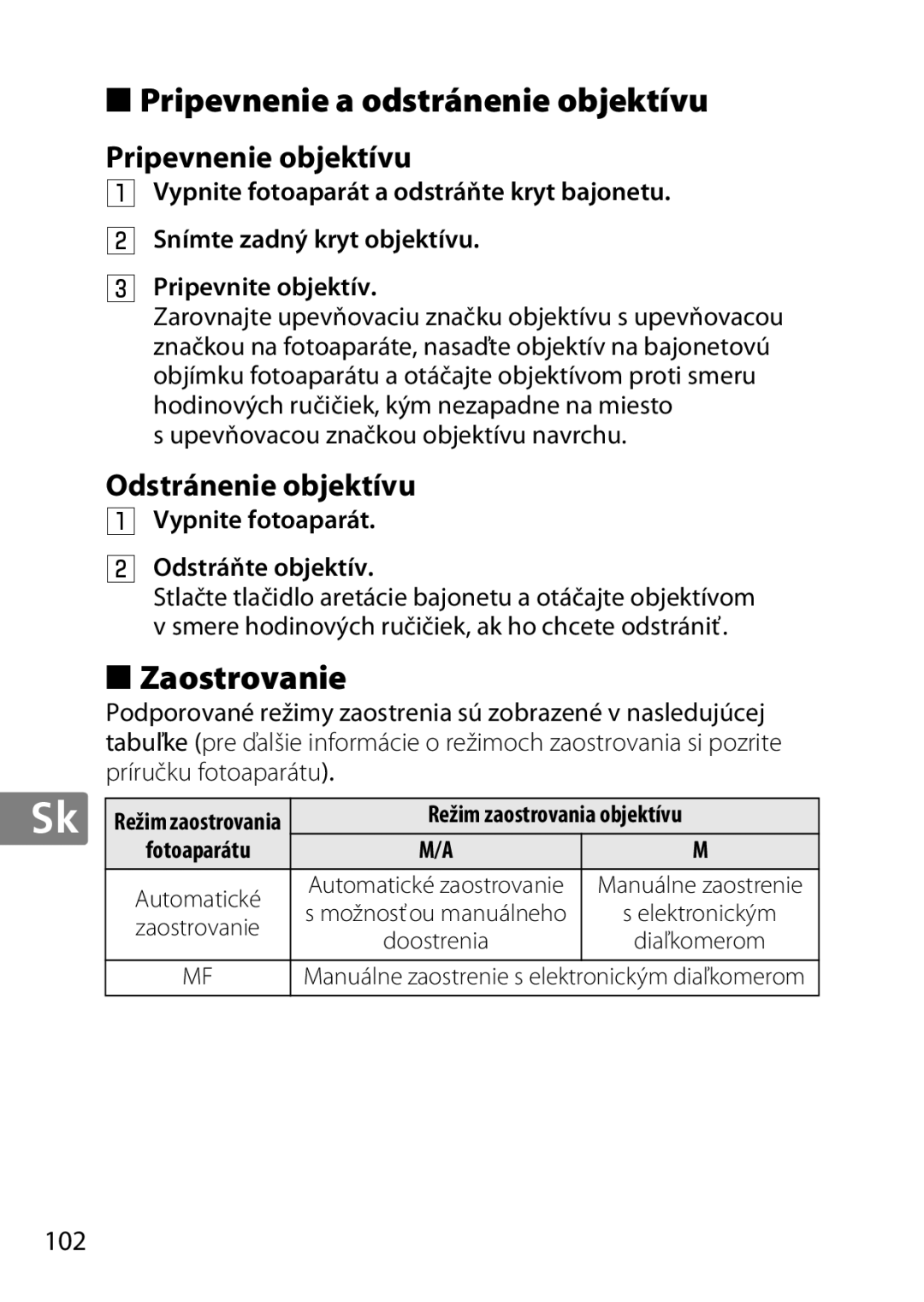 Nikon 7MAA800-02 Pripevnenie a odstránenie objektívu, Zaostrovanie, Pripevnenie objektívu, Odstránenie objektívu, 102 