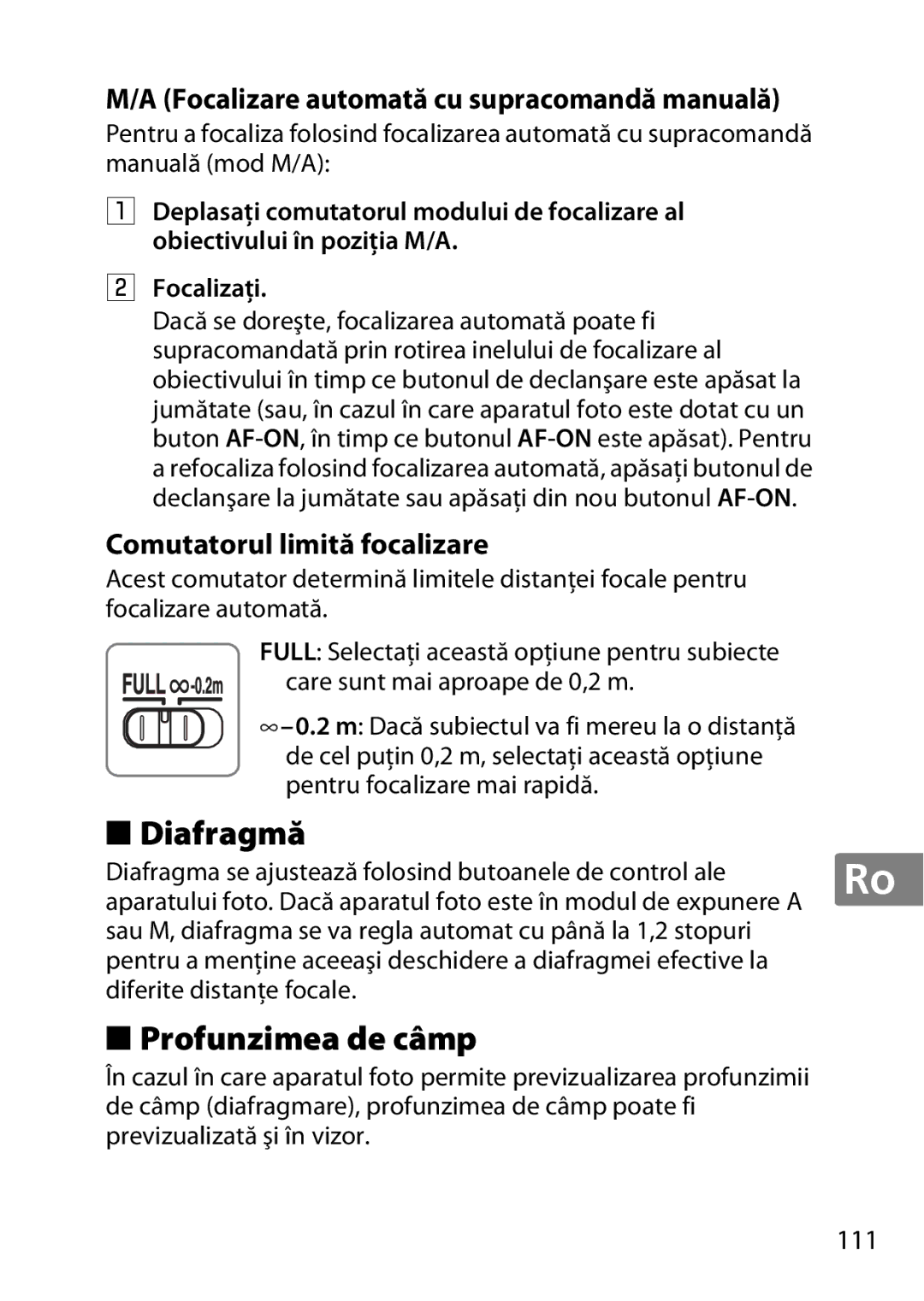 Nikon 7MAA800-02, 2200 user manual Diafragmă, Profunzimea de câmp, Focalizare automată cu supracomandă manuală, 111 