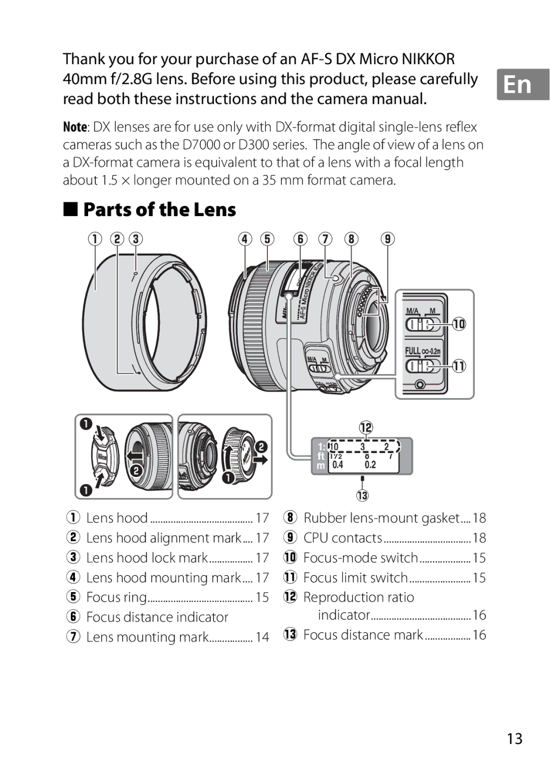 Nikon 2200, 7MAA800-02 user manual Parts of the Lens, Focus distance indicator, 2Reproduction ratio 