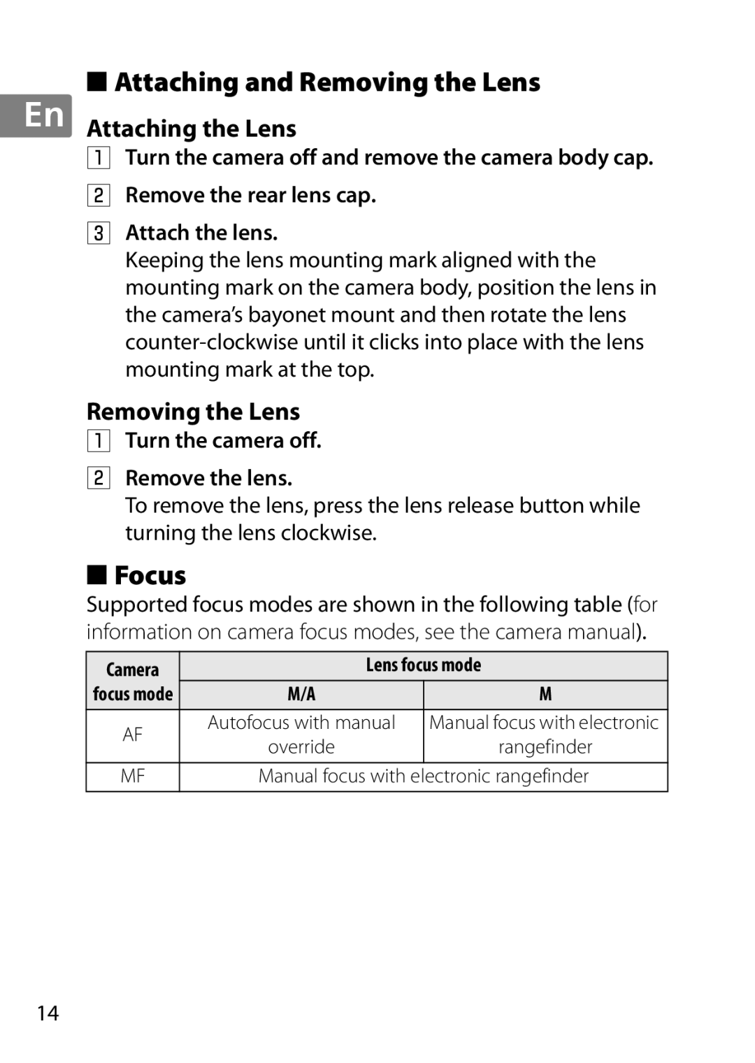 Nikon NIKKOR AF-S DX MICRO NIKKOR 40MM F/2.8G, 7MAA800-02 Attaching and Removing the Lens, Focus, En Attaching the Lens 