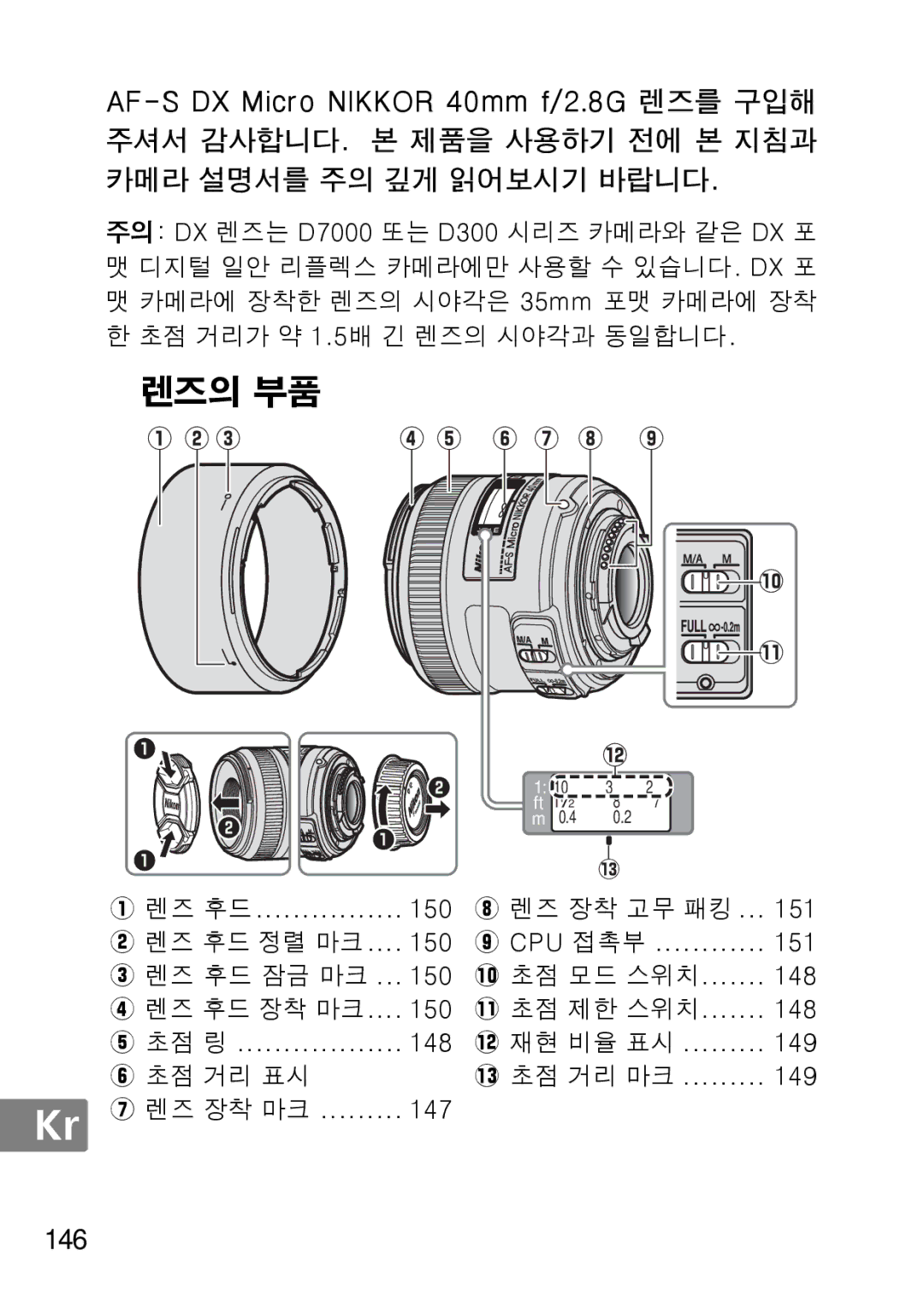 Nikon NIKKOR AF-S DX MICRO NIKKOR 40MM F/2.8G, 7MAA800-02, 2200 user manual 렌즈의 부품, 146 