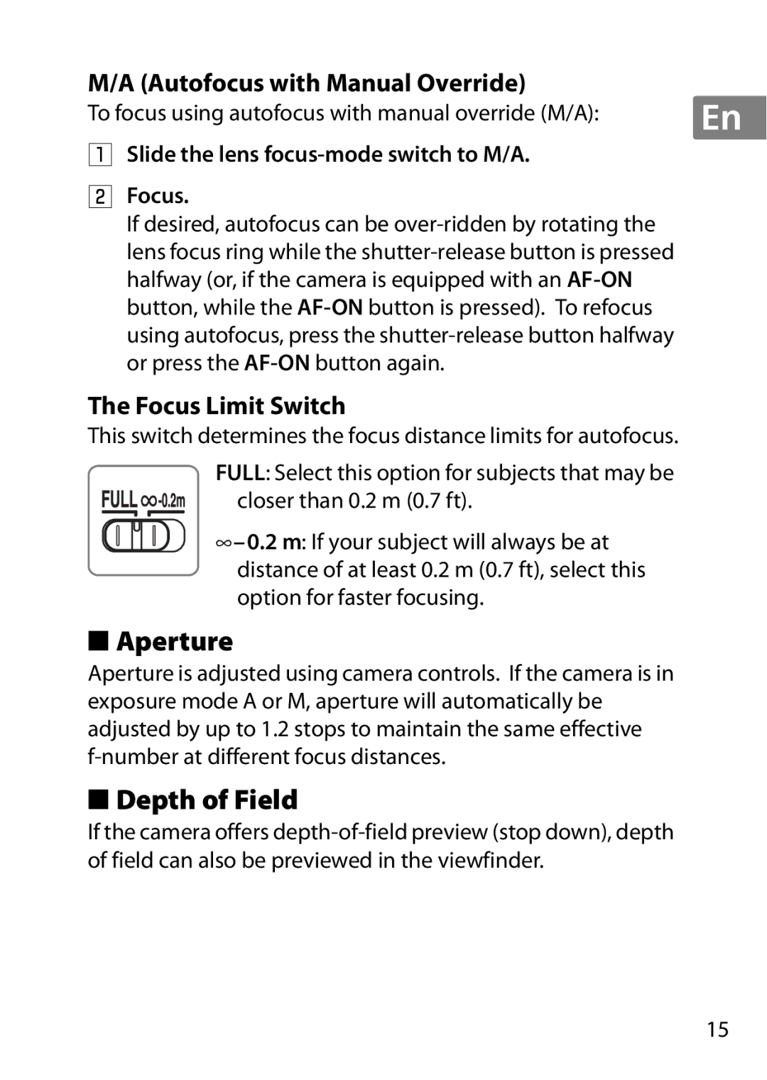 Nikon 7MAA800-02, 2200 user manual Aperture, Depth of Field, Autofocus with Manual Override, Focus Limit Switch 