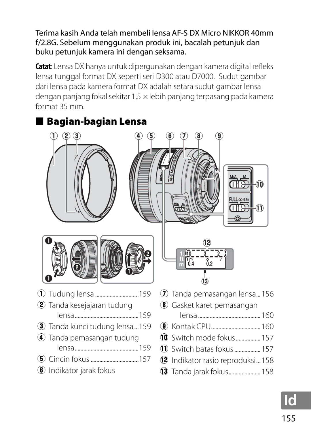 Nikon NIKKOR AF-S DX MICRO NIKKOR 40MM F/2.8G, 7MAA800-02, 2200 Bagian-bagian Lensa, 155, Tanda kesejajaran tudung 