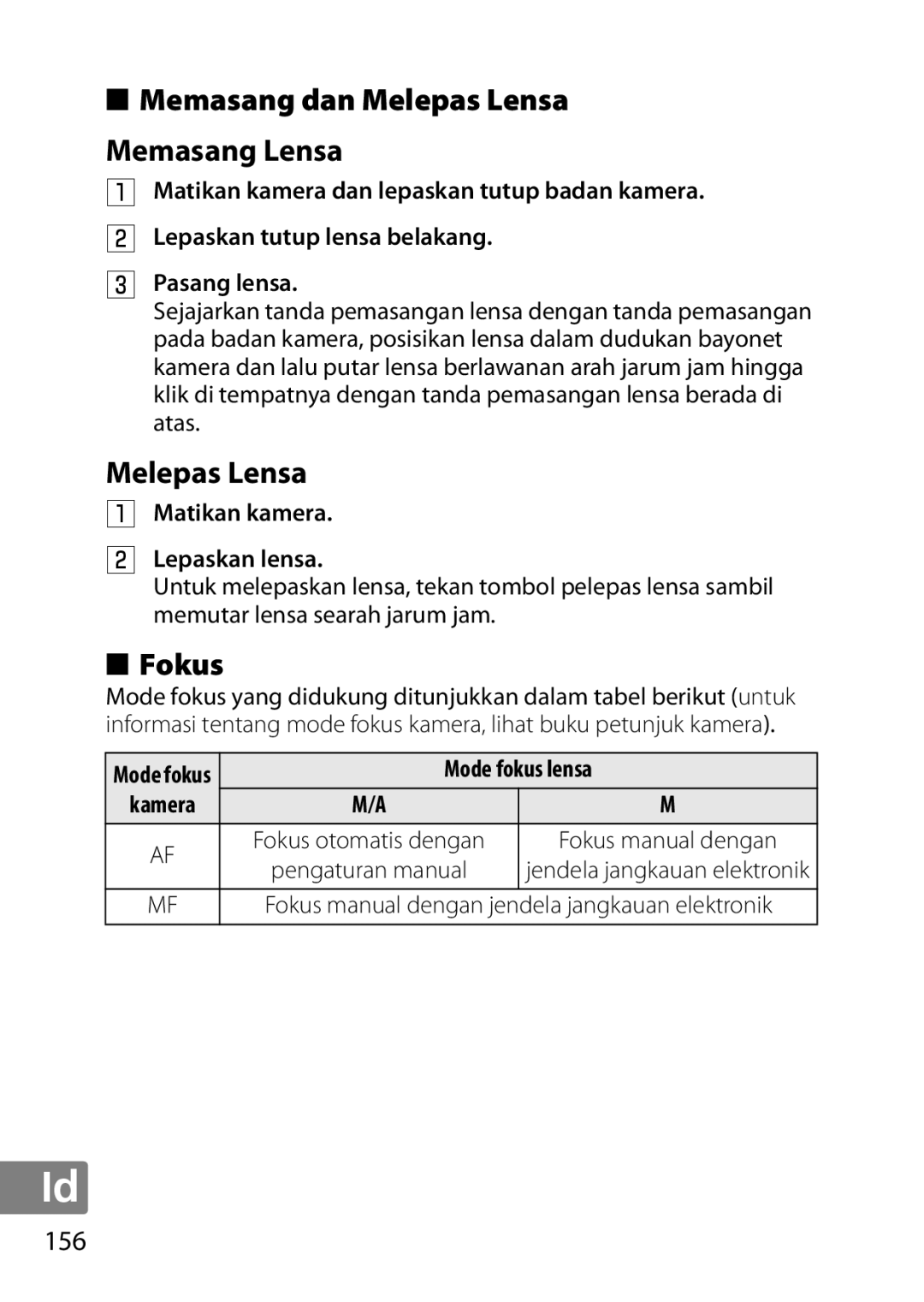 Nikon 7MAA800-02, 2200, NIKKOR AF-S DX MICRO NIKKOR 40MM F/2.8G Memasang dan Melepas Lensa Memasang Lensa, Fokus, 156 