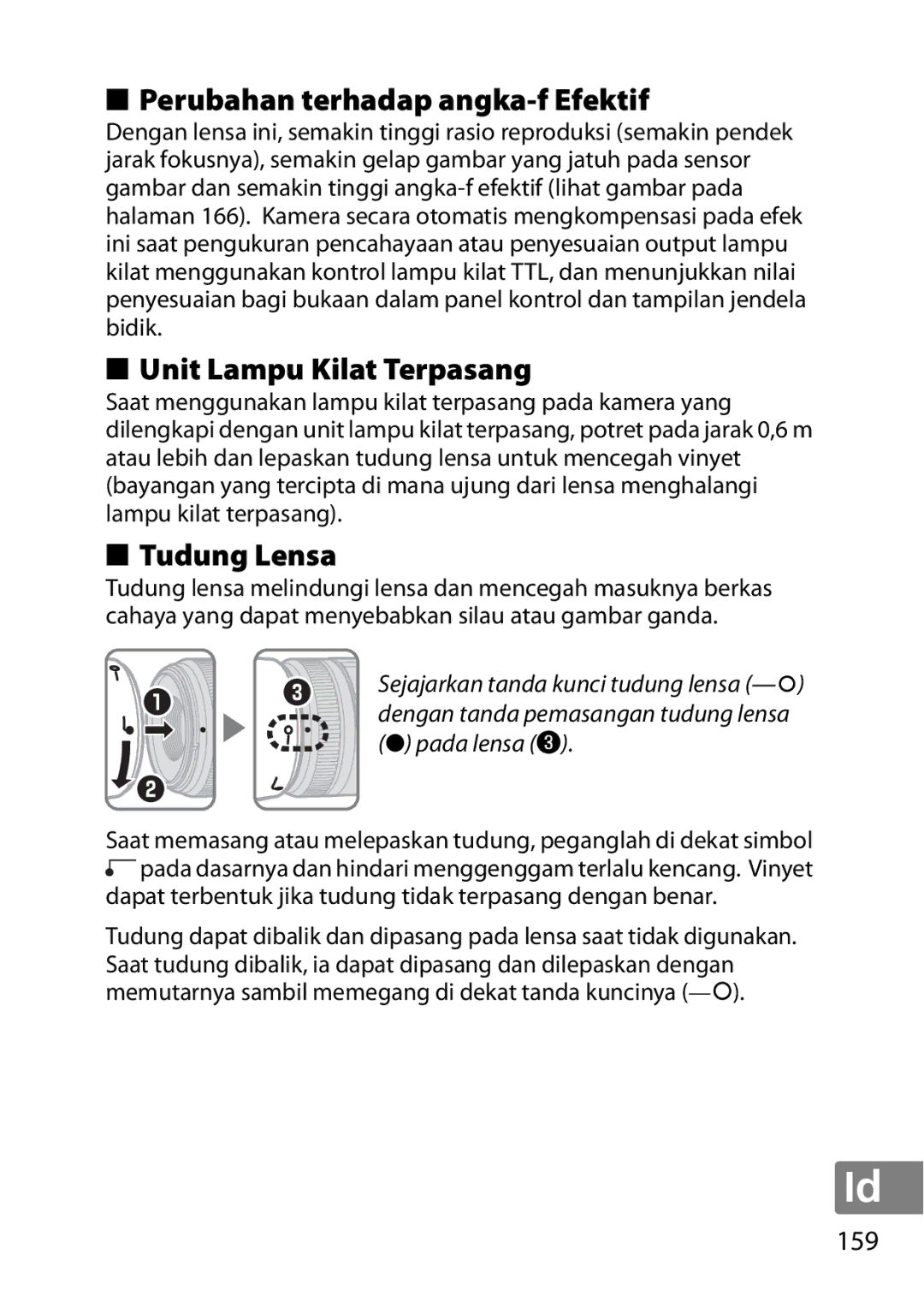 Nikon 7MAA800-02, 2200 user manual Perubahan terhadap angka-f Efektif, Unit Lampu Kilat Terpasang, Tudung Lensa, 159 