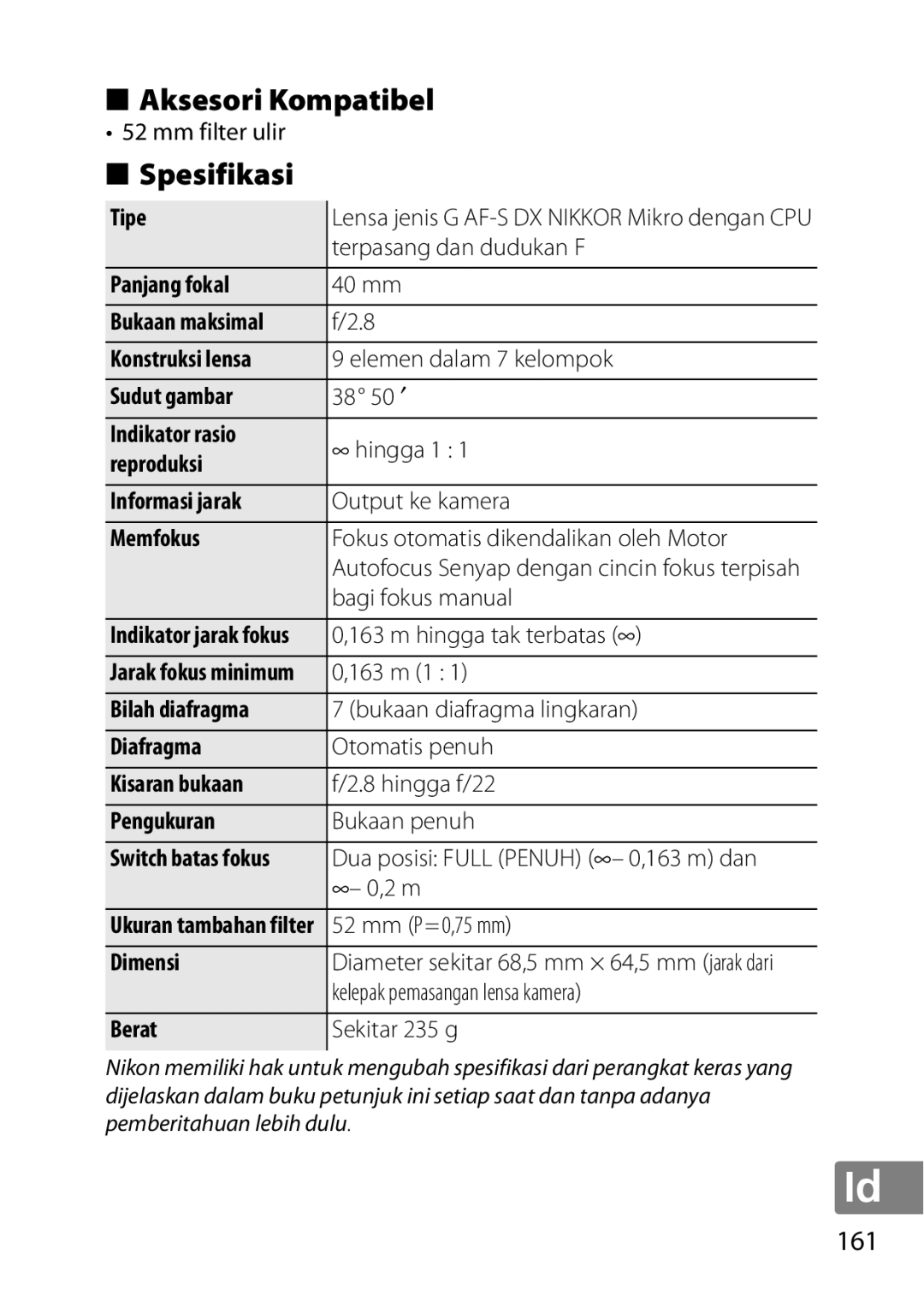 Nikon NIKKOR AF-S DX MICRO NIKKOR 40MM F/2.8G, 7MAA800-02, 2200 user manual Aksesori Kompatibel, Spesifikasi, 161 