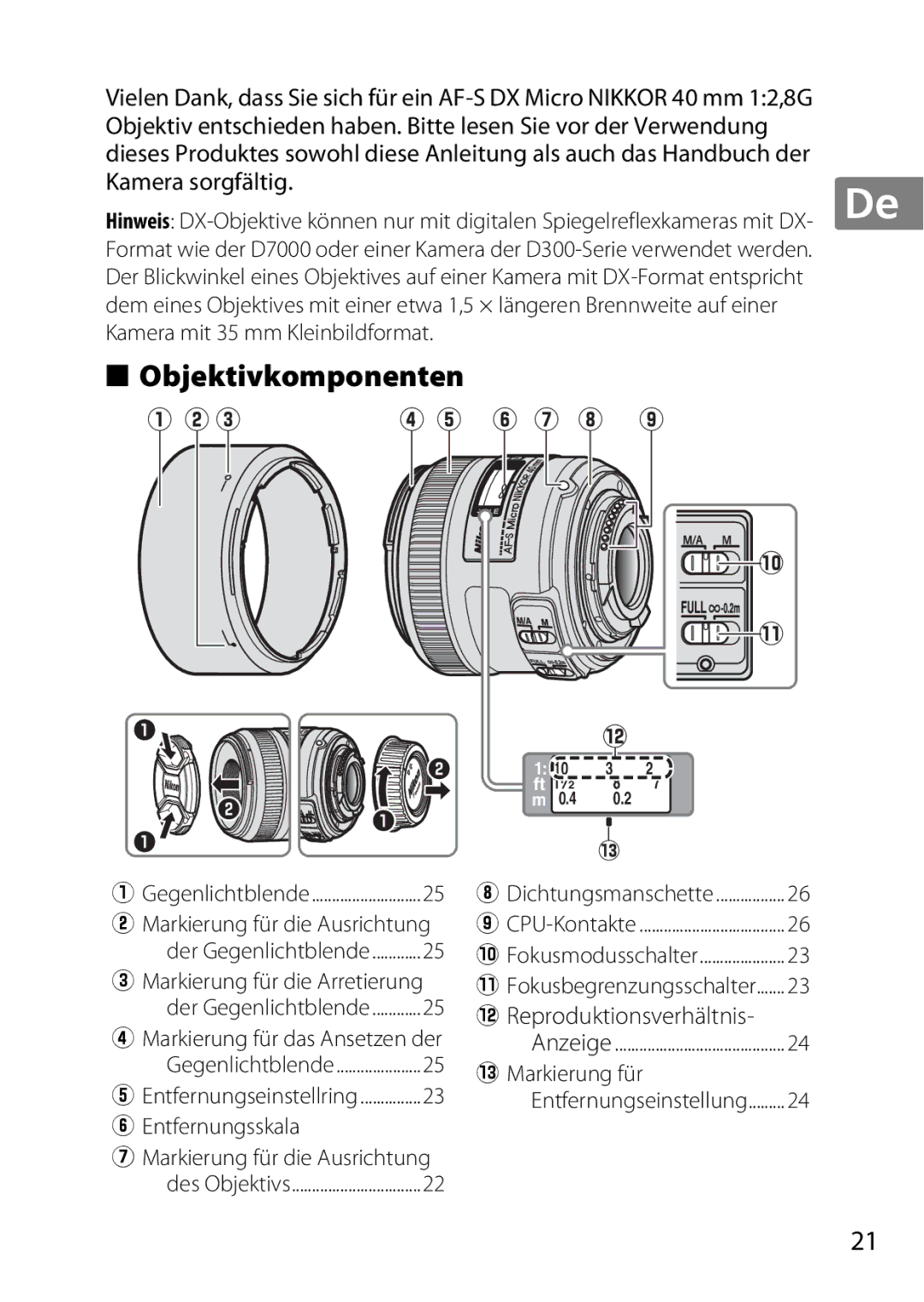 Nikon 7MAA800-02, 2200 user manual Objektivkomponenten, Kamera sorgfältig, 2Reproduktionsverhältnis 