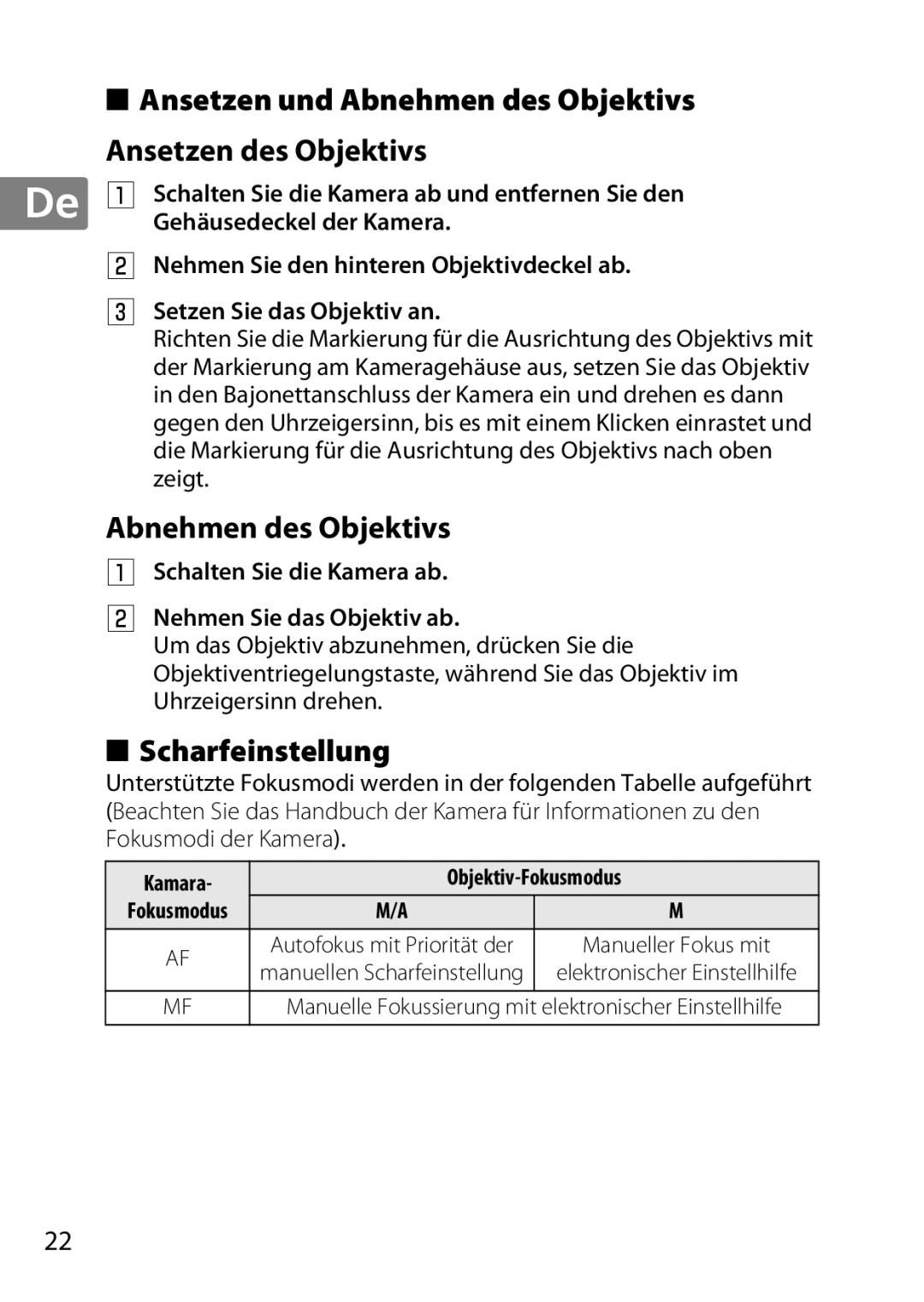 Nikon 2200 Ansetzen und Abnehmen des Objektivs Ansetzen des Objektivs, Scharfeinstellung, Gehäusedeckel der Kamera 