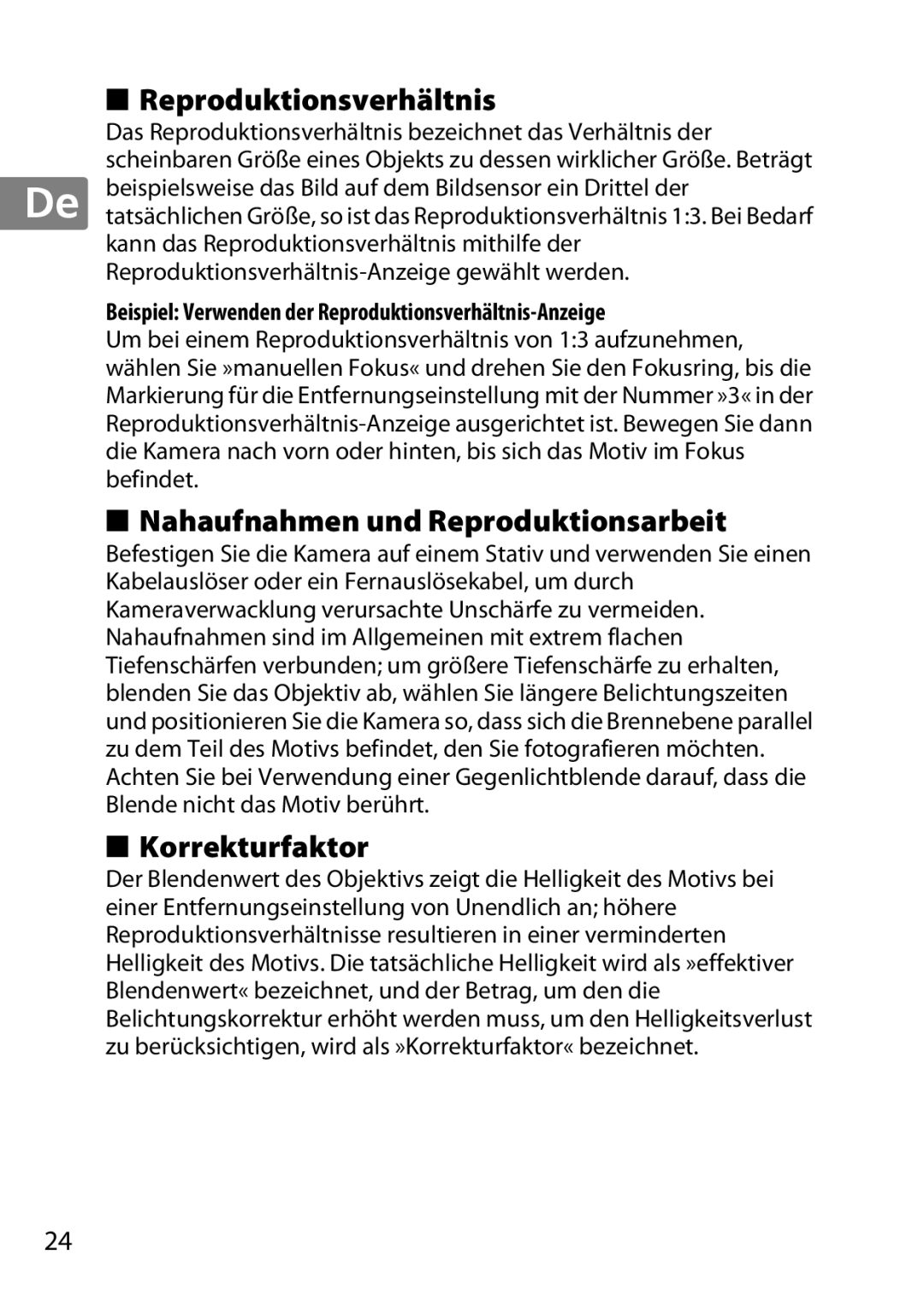 Nikon 7MAA800-02, 2200 user manual Reproduktionsverhältnis, Nahaufnahmen und Reproduktionsarbeit, Korrekturfaktor 