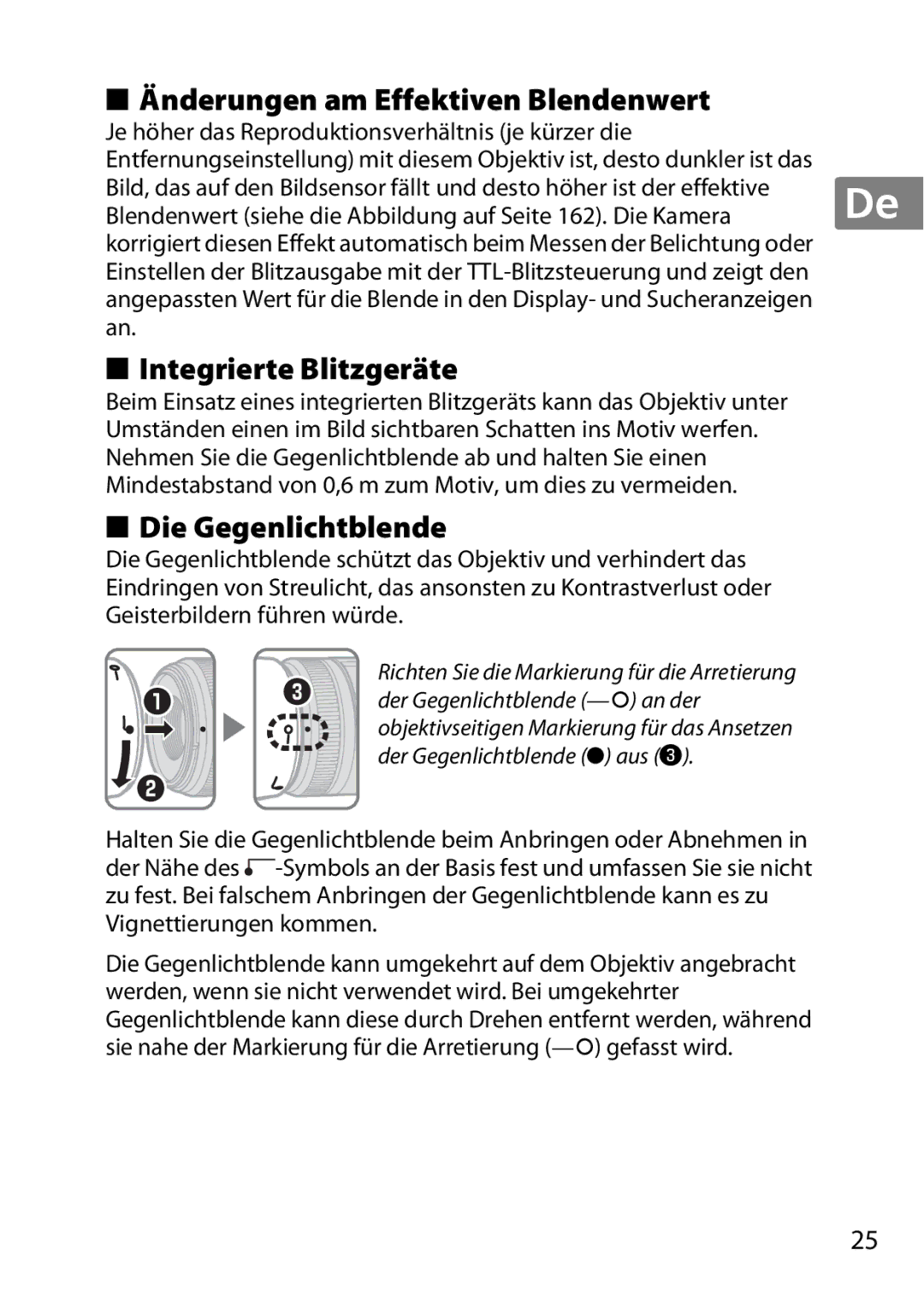 Nikon 2200, 7MAA800-02 user manual Änderungen am Effektiven Blendenwert, Integrierte Blitzgeräte, Die Gegenlichtblende 