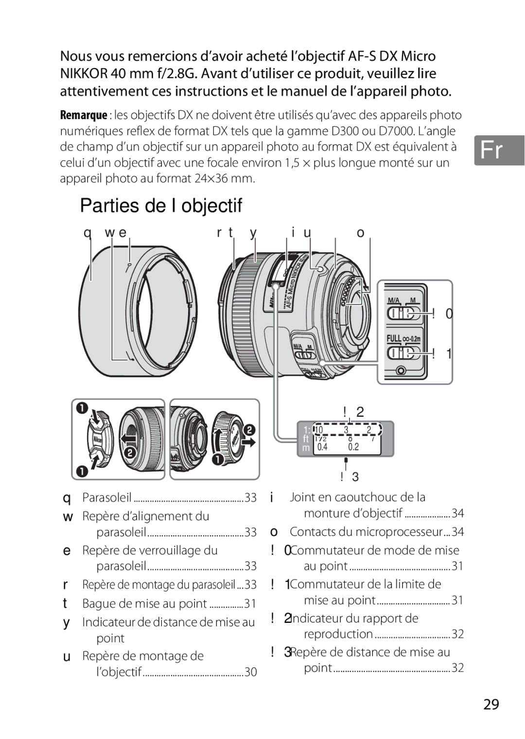 Nikon NIKKOR AF-S DX MICRO NIKKOR 40MM F/2.8G Parties de l’objectif, Repère d’alignement du, Repère de verrouillage du 