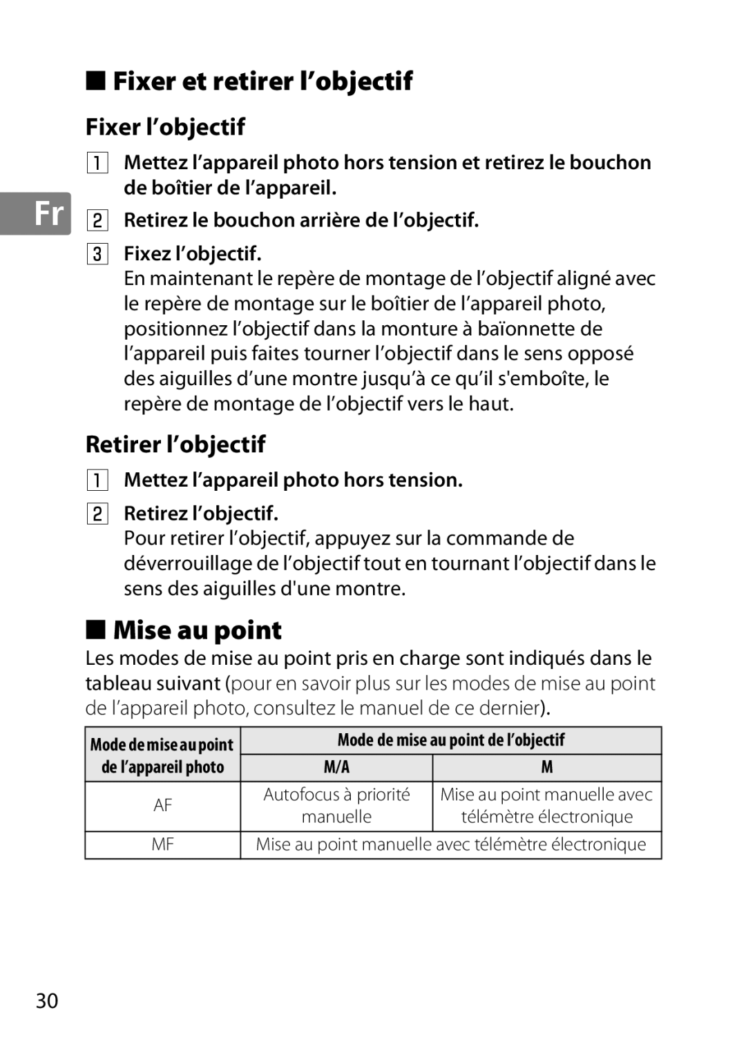 Nikon 7MAA800-02, 2200 user manual Fixer et retirer l’objectif, Mise au point, Fixer l’objectif, Retirer l’objectif 