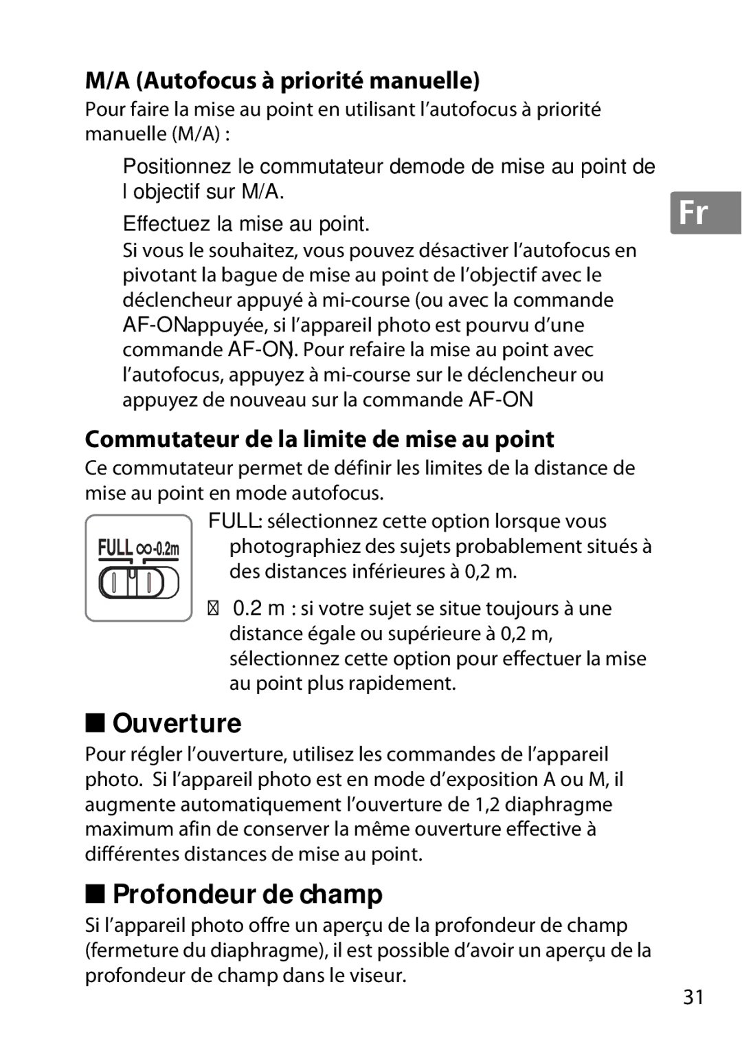 Nikon 2200 Ouverture, Profondeur de champ, Autofocus à priorité manuelle, Commutateur de la limite de mise au point 