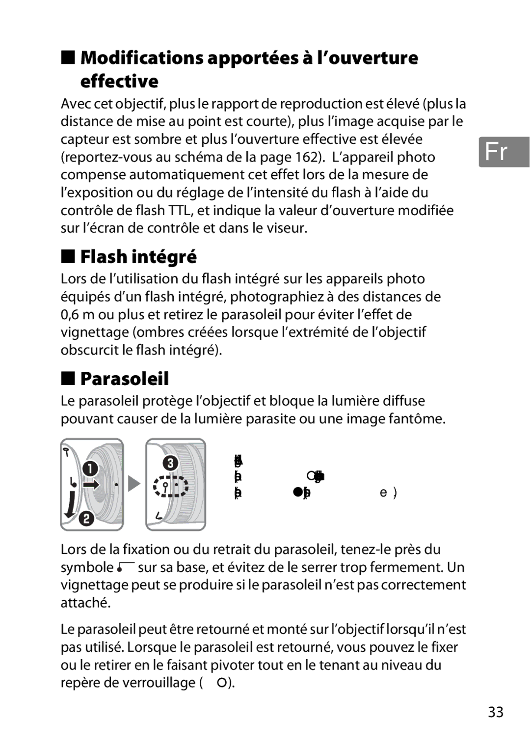 Nikon 7MAA800-02, 2200 user manual Modifications apportées à l’ouverture Effective, Flash intégré, Parasoleil 