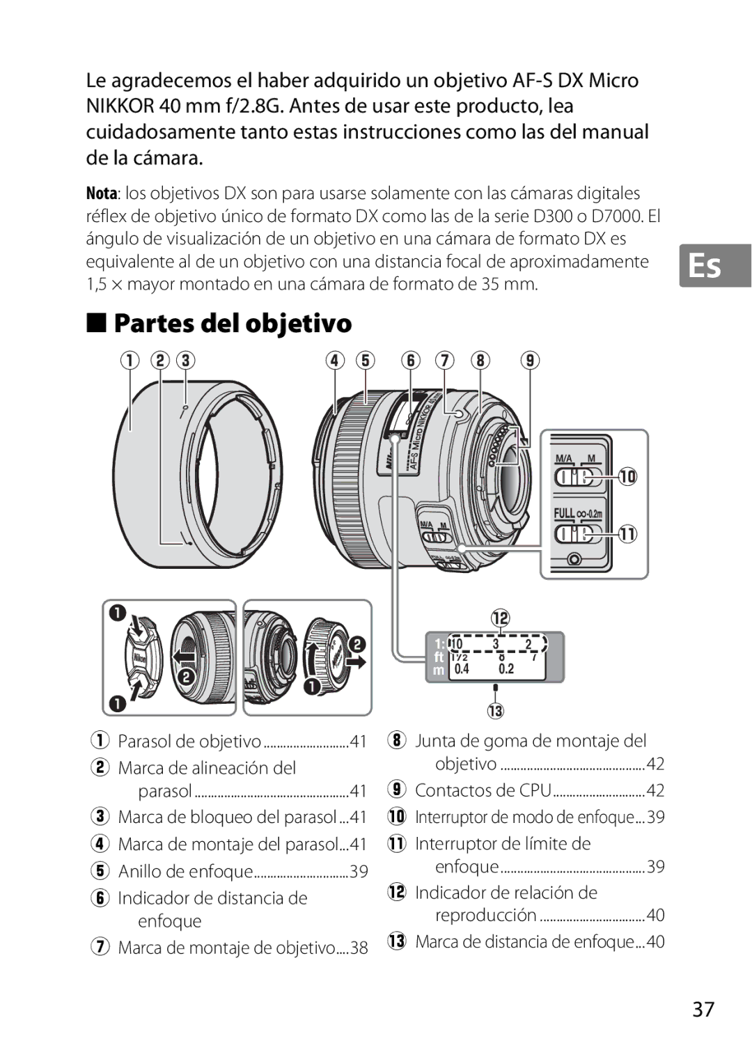 Nikon 2200, 7MAA800-02, NIKKOR AF-S DX MICRO NIKKOR 40MM F/2.8G user manual Partes del objetivo 