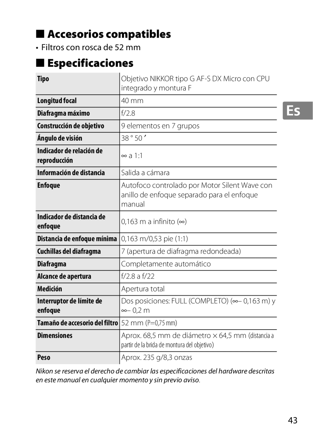 Nikon 2200, 7MAA800-02 user manual Accesorios compatibles, Especificaciones, Filtros con rosca de 52 mm 