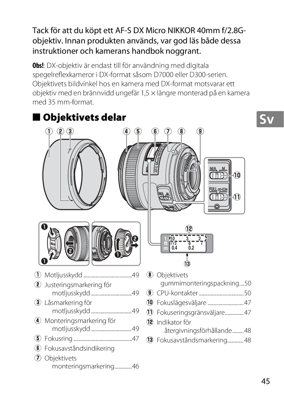 Nikon 7MAA800-02, 2200, NIKKOR AF-S DX MICRO NIKKOR 40MM F/2.8G user manual Objektivets delar 