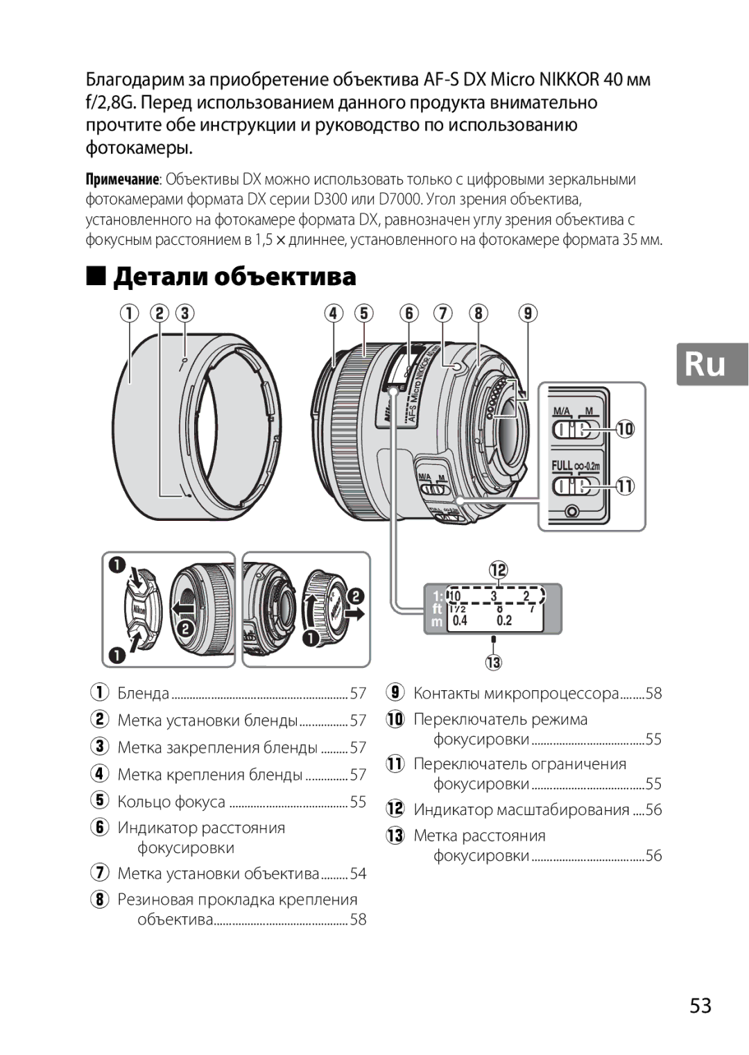 Nikon NIKKOR AF-S DX MICRO NIKKOR 40MM F/2.8G, 7MAA800-02, 2200 user manual Детали объектива, Y u 