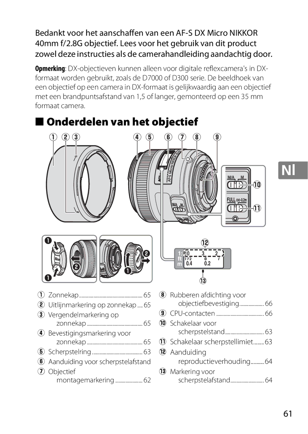 Nikon 2200, 7MAA800-02, NIKKOR AF-S DX MICRO NIKKOR 40MM F/2.8G user manual Onderdelen van het objectief 