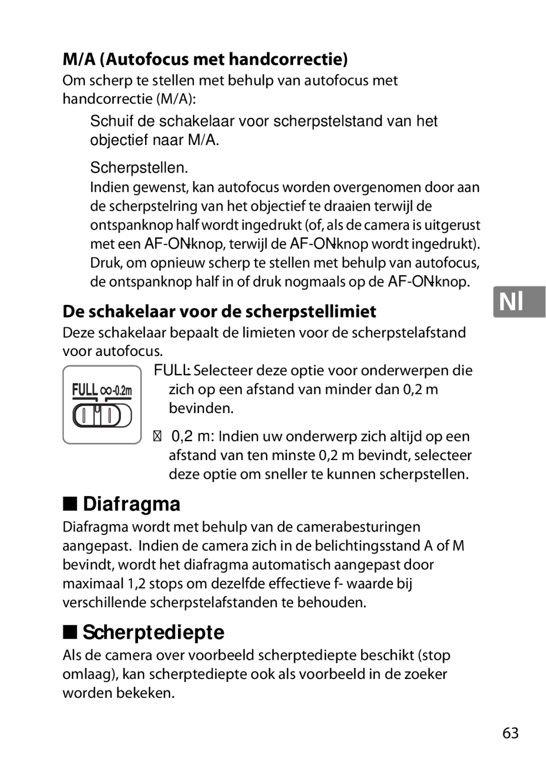 Nikon 7MAA800-02, 2200 user manual Scherptediepte, Autofocus met handcorrectie, De schakelaar voor de scherpstellimiet 