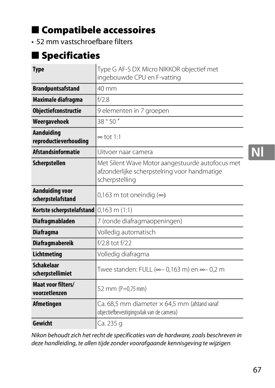 Nikon 2200, 7MAA800-02 user manual Compatibele accessoires, Specificaties, Mm vastschroefbare filters 