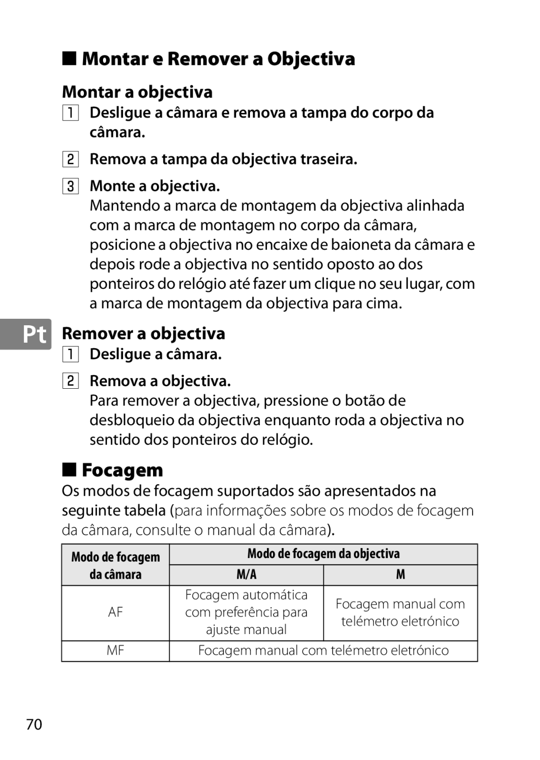 Nikon 2200, 7MAA800-02 user manual Montar e Remover a Objectiva, Focagem, Montar a objectiva, Pt Remover a objectiva 