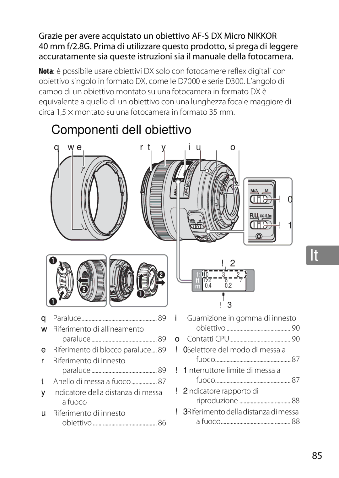 Nikon 2200, 7MAA800-02 user manual Componenti dell’obiettivo, Riferimento di allineamento, Guarnizione in gomma di innesto 