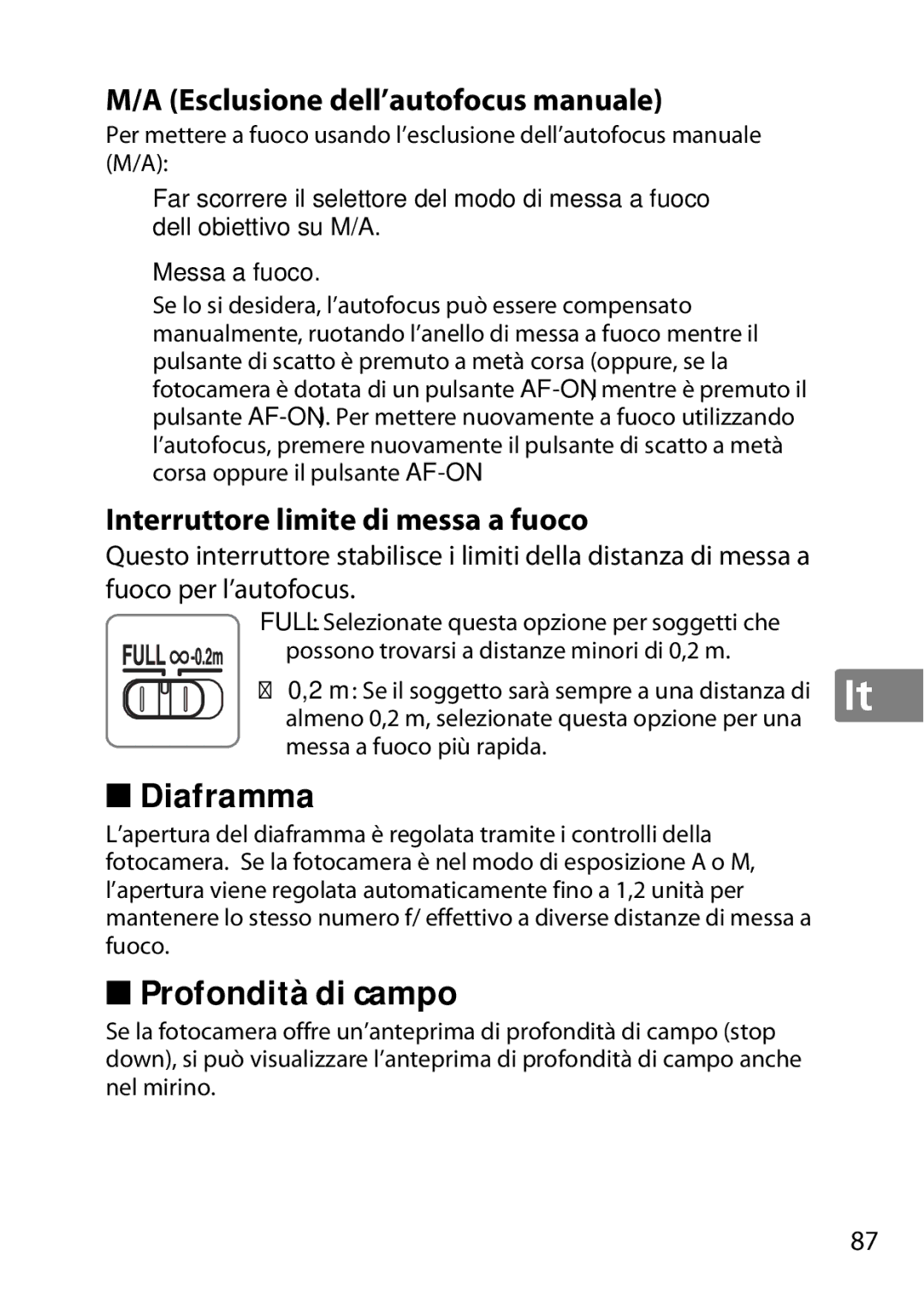 Nikon 7MAA800-02 Diaframma, Profondità di campo, Esclusione dell’autofocus manuale, Interruttore limite di messa a fuoco 