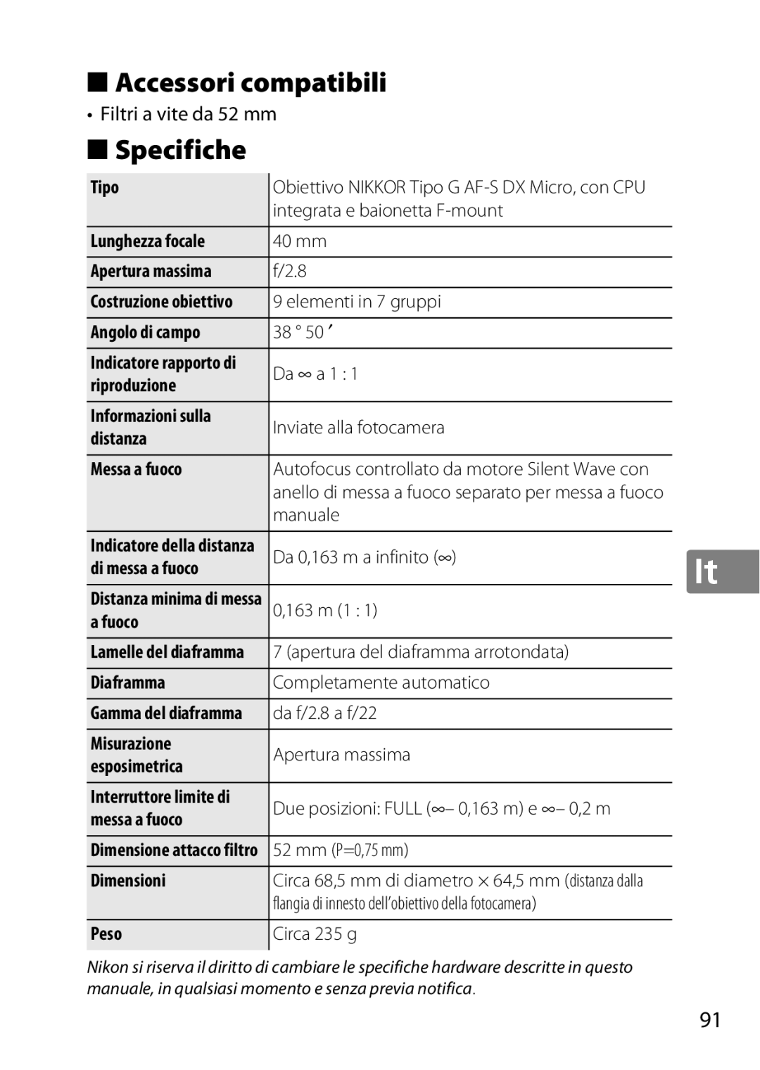 Nikon 2200, 7MAA800-02, NIKKOR AF-S DX MICRO NIKKOR 40MM F/2.8G Accessori compatibili, Specifiche, Filtri a vite da 52 mm 