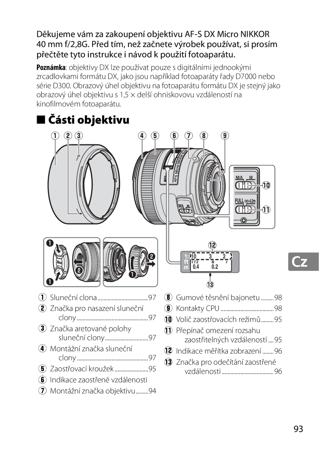 Nikon 7MAA800-02, 2200 Části objektivu, Značka aretované polohy 1Přepínač omezení rozsahu, Montážní značka sluneční 