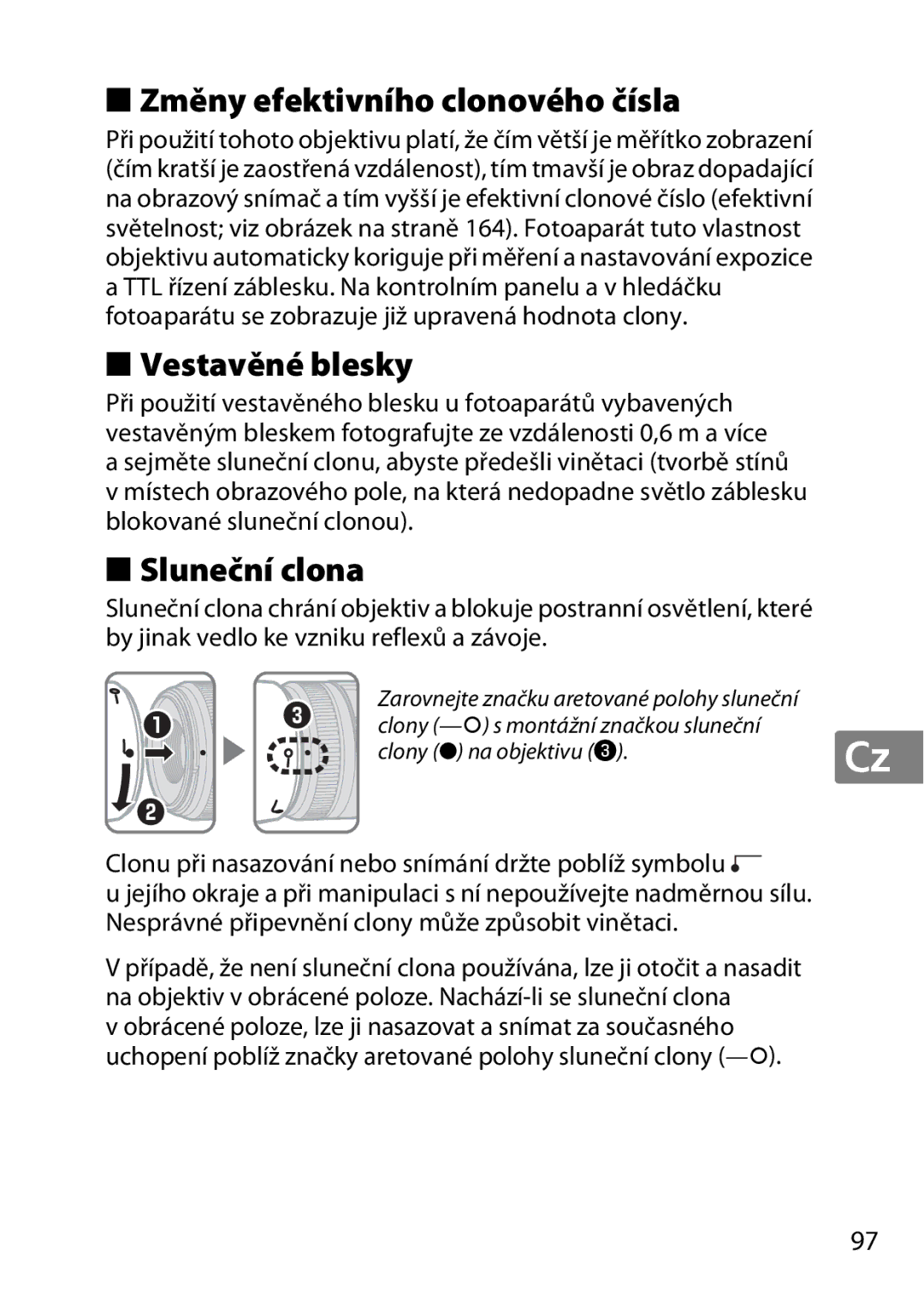 Nikon 2200, 7MAA800-02 user manual Změny efektivního clonového čísla, Vestavěné blesky, Sluneční clona 