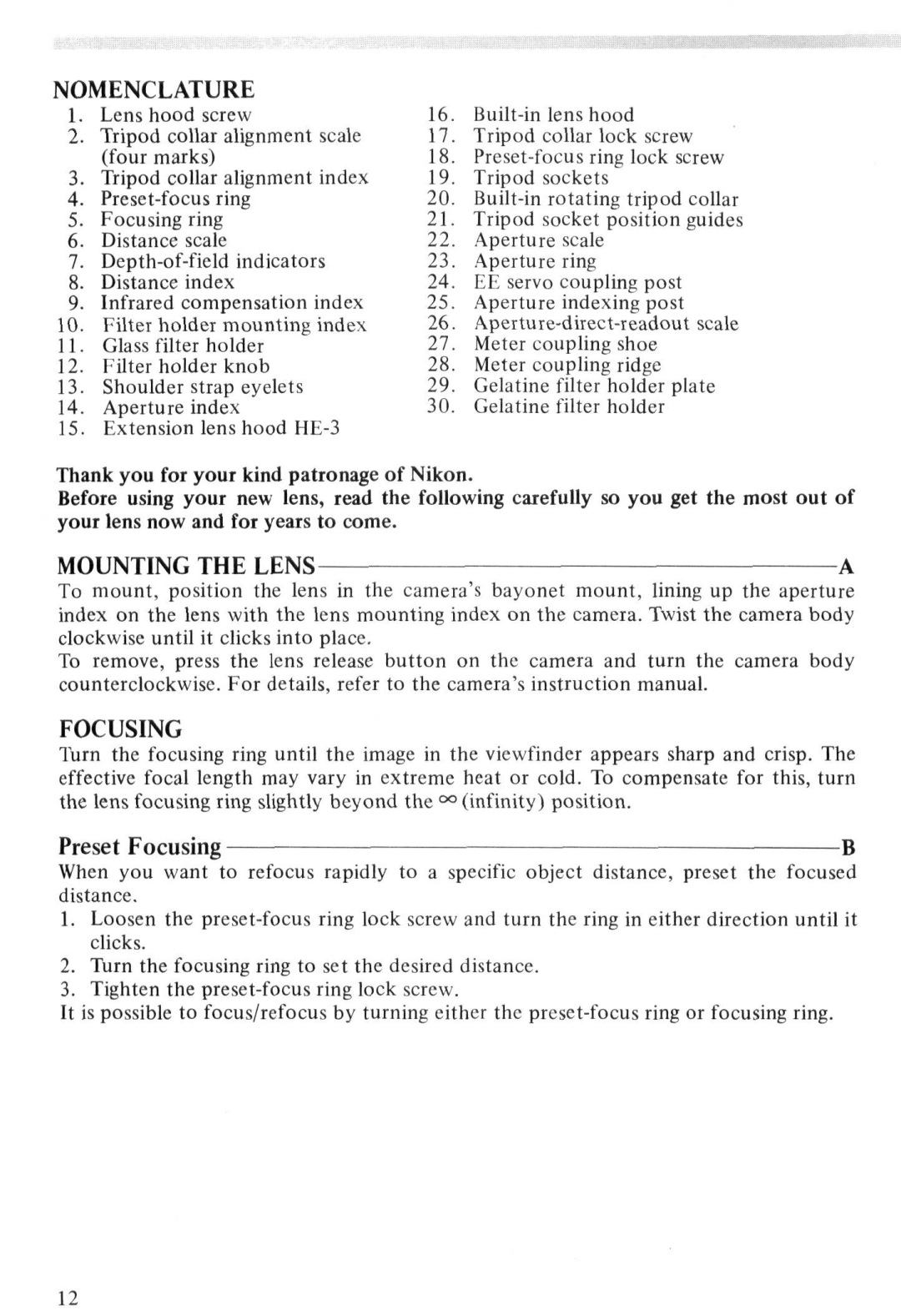 Nikon Nikkor ED 400mm f/2.8 IF, 2171 instruction manual Mounting the Lens, Preset Focusing 