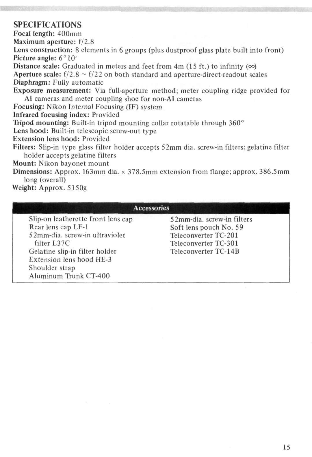 Nikon 2171, Nikkor ED 400mm f/2.8 IF instruction manual Specifications 