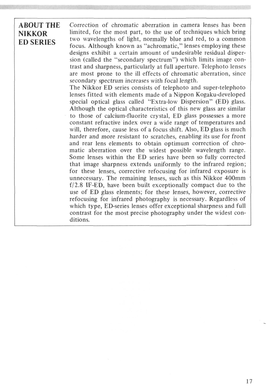 Nikon 2171, Nikkor ED 400mm f/2.8 IF instruction manual Wmmmmm, About Nikkor ED Series 