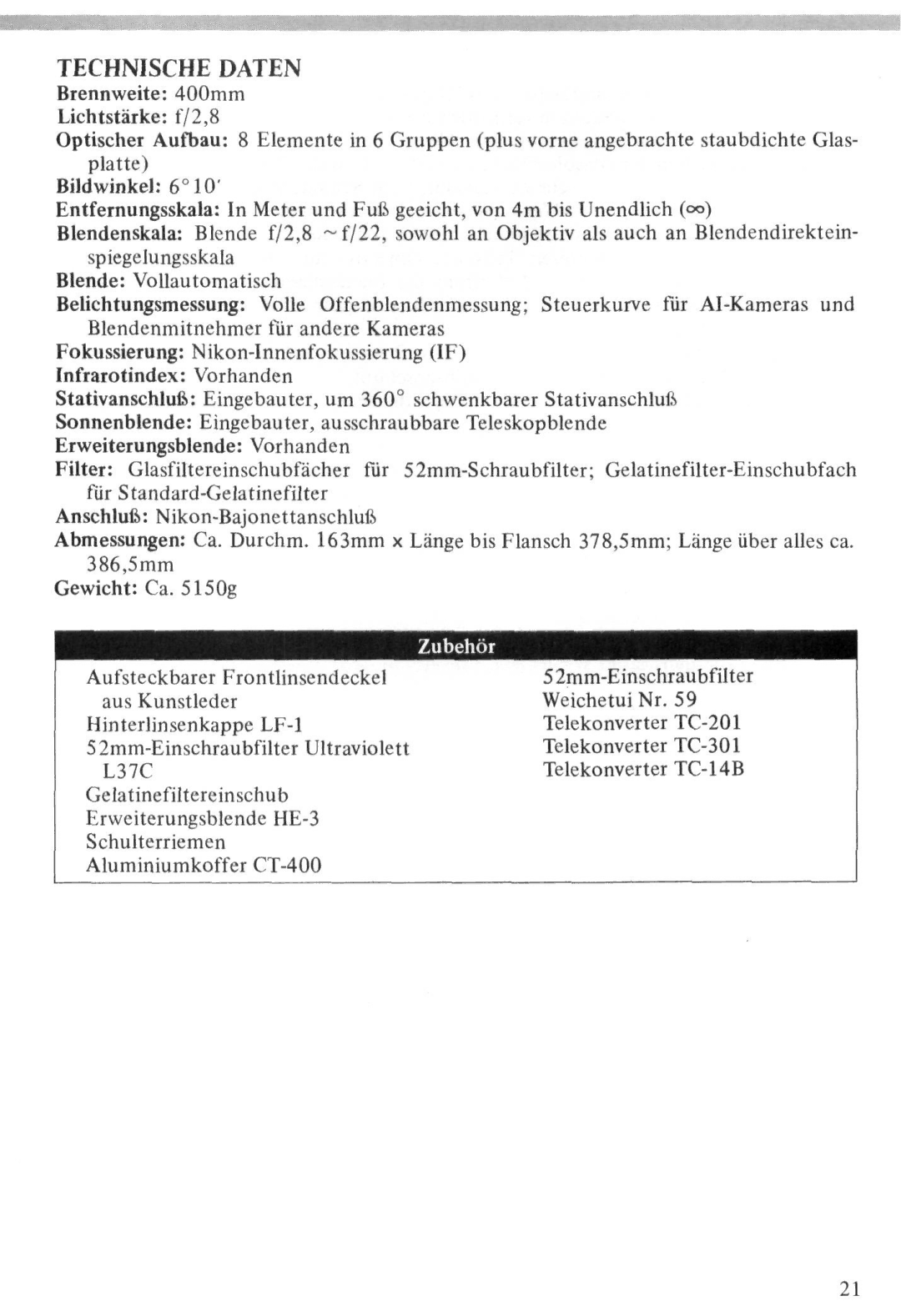 Nikon 2171, Nikkor ED 400mm f/2.8 IF instruction manual Technische Daten 