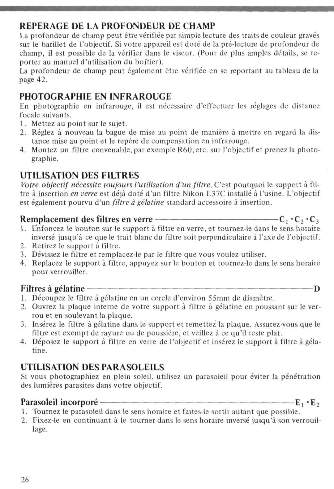 Nikon Nikkor ED 400mm f/2.8 IF Reperage DE LA Profondeur DE Champ, Utilisation DES Filtres, Utilisation DES Parasoleils 