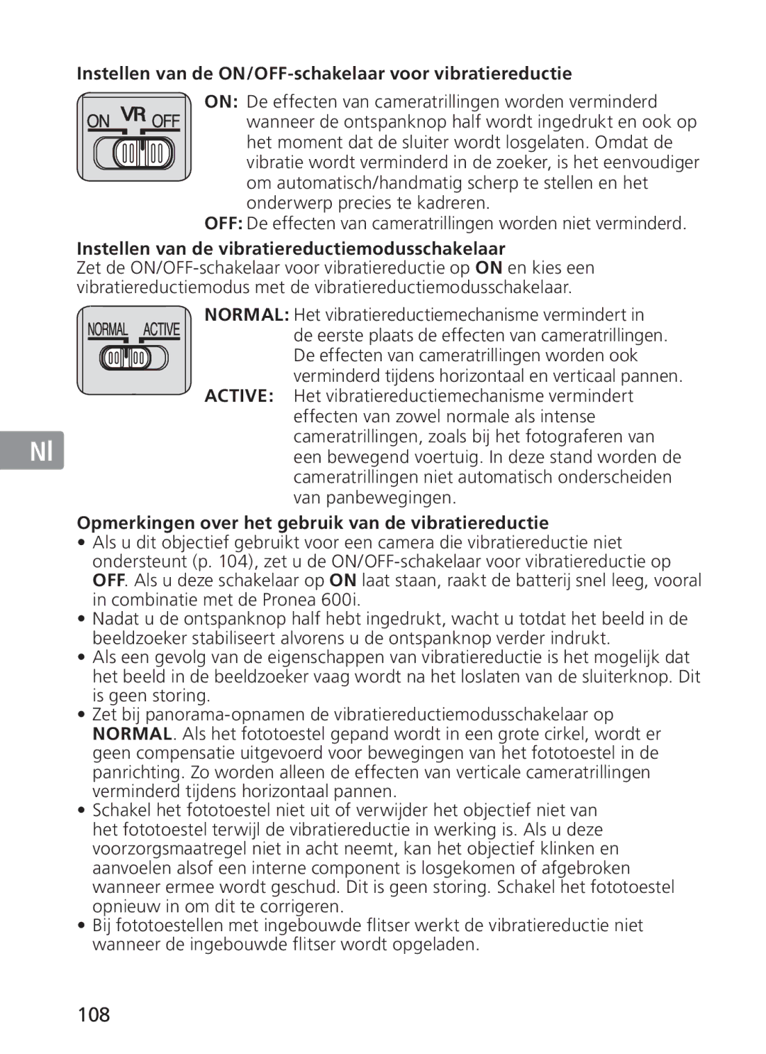 Nikon NIKKOR manual 108, Instellen van de ON/OFF-schakelaar voor vibratiereductie 