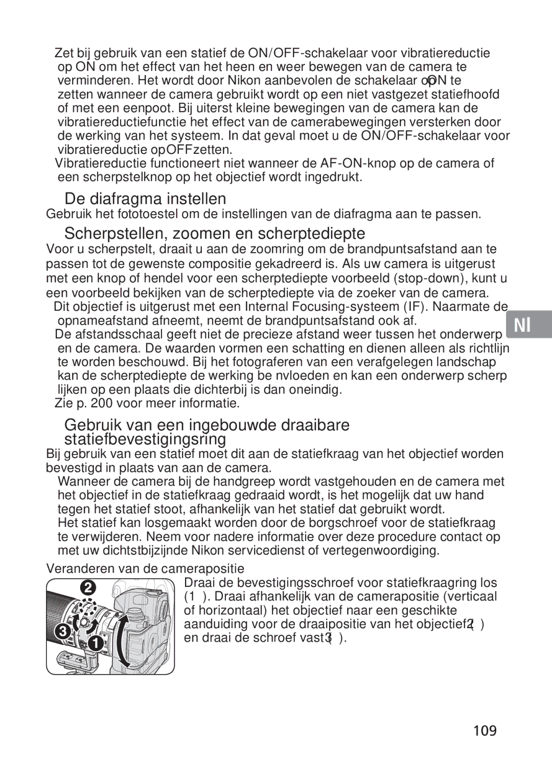 Nikon NIKKOR manual „ De diafragma instellen, „ Scherpstellen, zoomen en scherptediepte, 109, Zie p voor meer informatie 