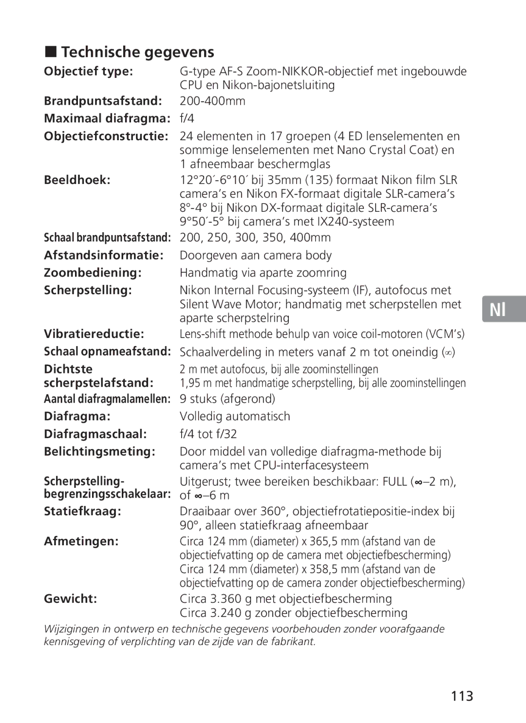 Nikon NIKKOR manual „ Technische gegevens, 113 