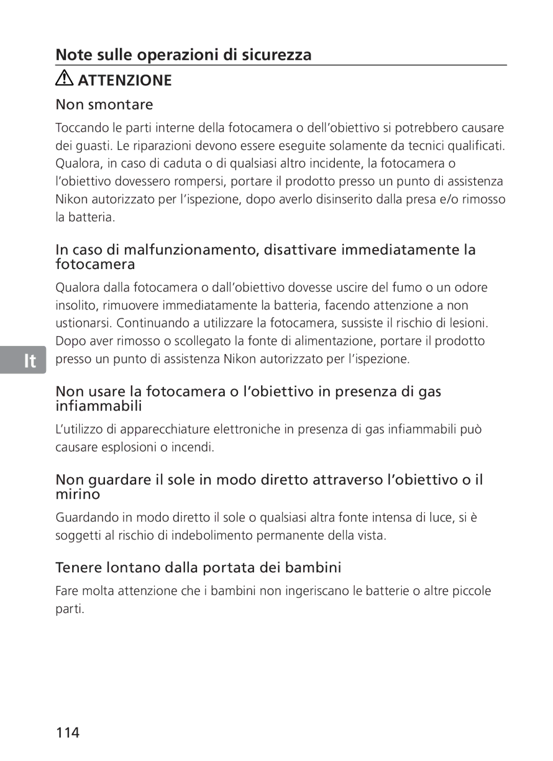 Nikon NIKKOR manual Non smontare, Tenere lontano dalla portata dei bambini, 114 