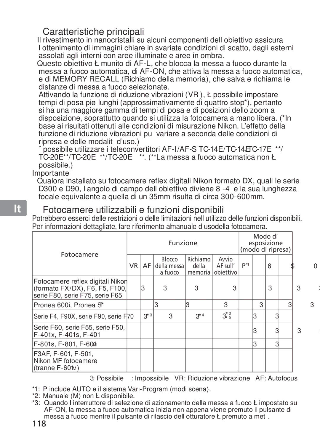 Nikon NIKKOR manual „ Caratteristiche principali, „ Fotocamere utilizzabili e funzioni disponibili, 118 