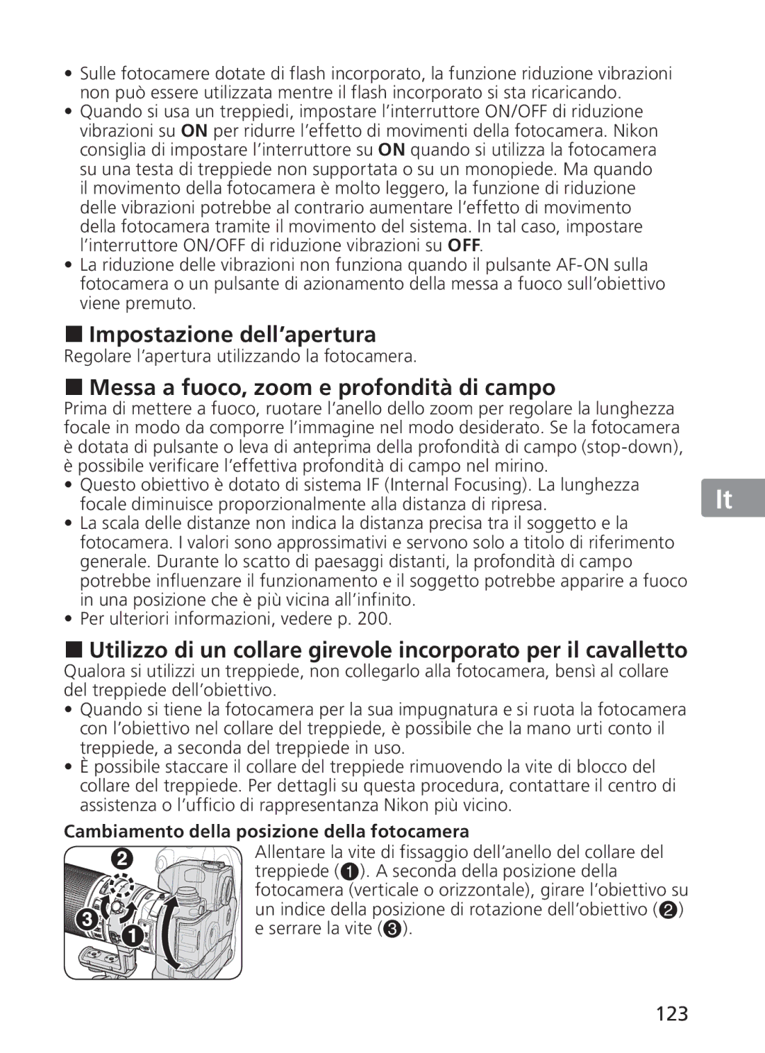 Nikon NIKKOR manual „ Impostazione dell’apertura, „ Messa a fuoco, zoom e profondità di campo, 123 