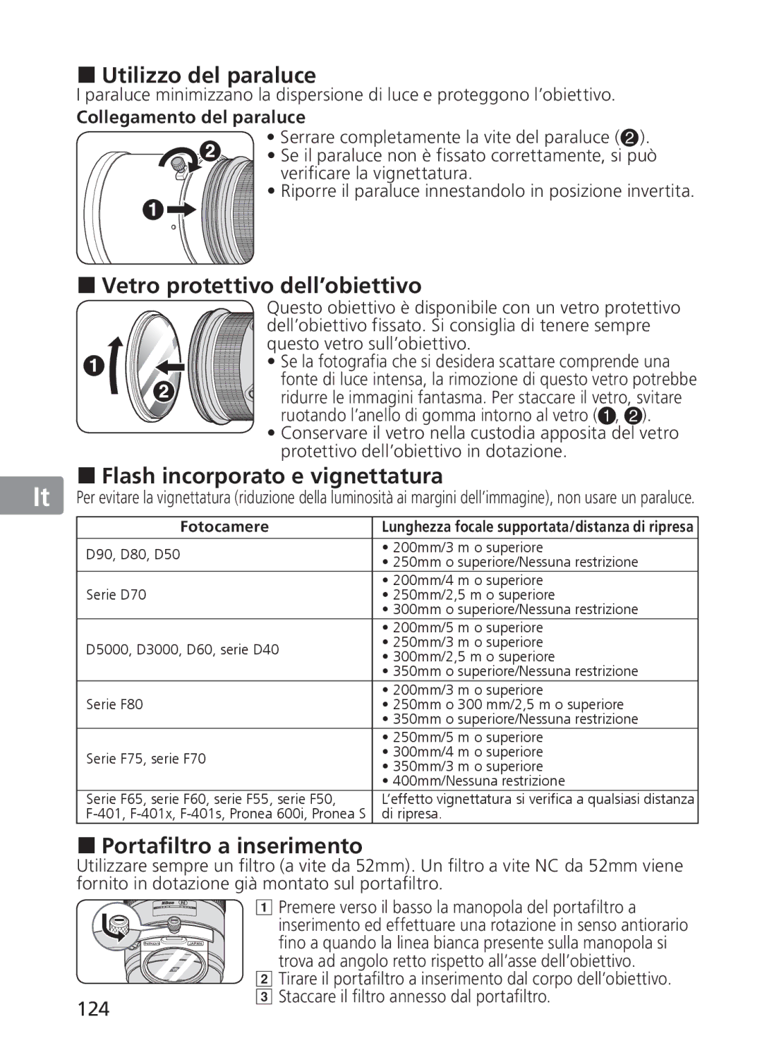 Nikon NIKKOR manual „ Utilizzo del paraluce, „ Vetro protettivo dell’obiettivo, „ Flash incorporato e vignettatura, 124 